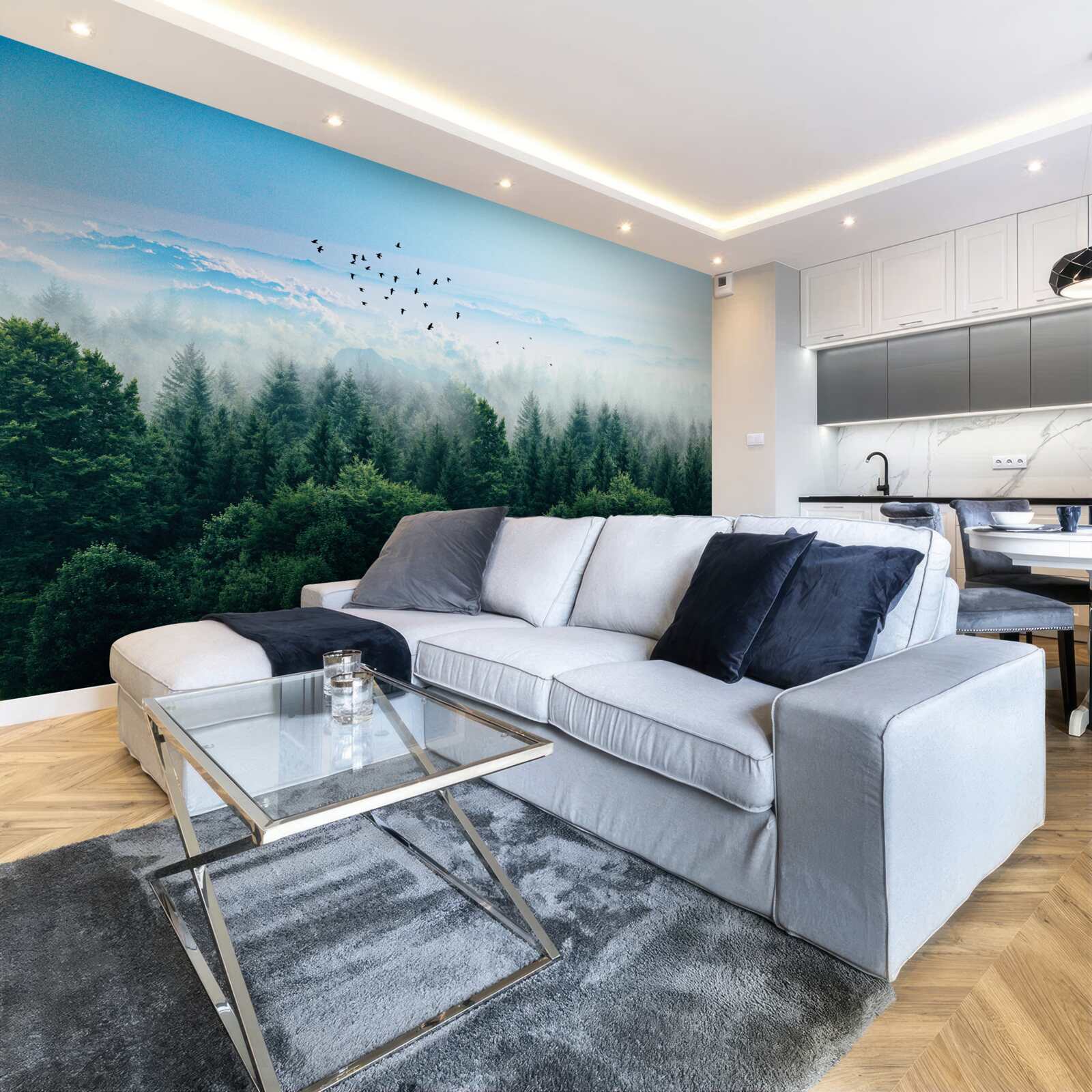 Фотошпалери птахи ширяють високо над кронами лісових велетнів