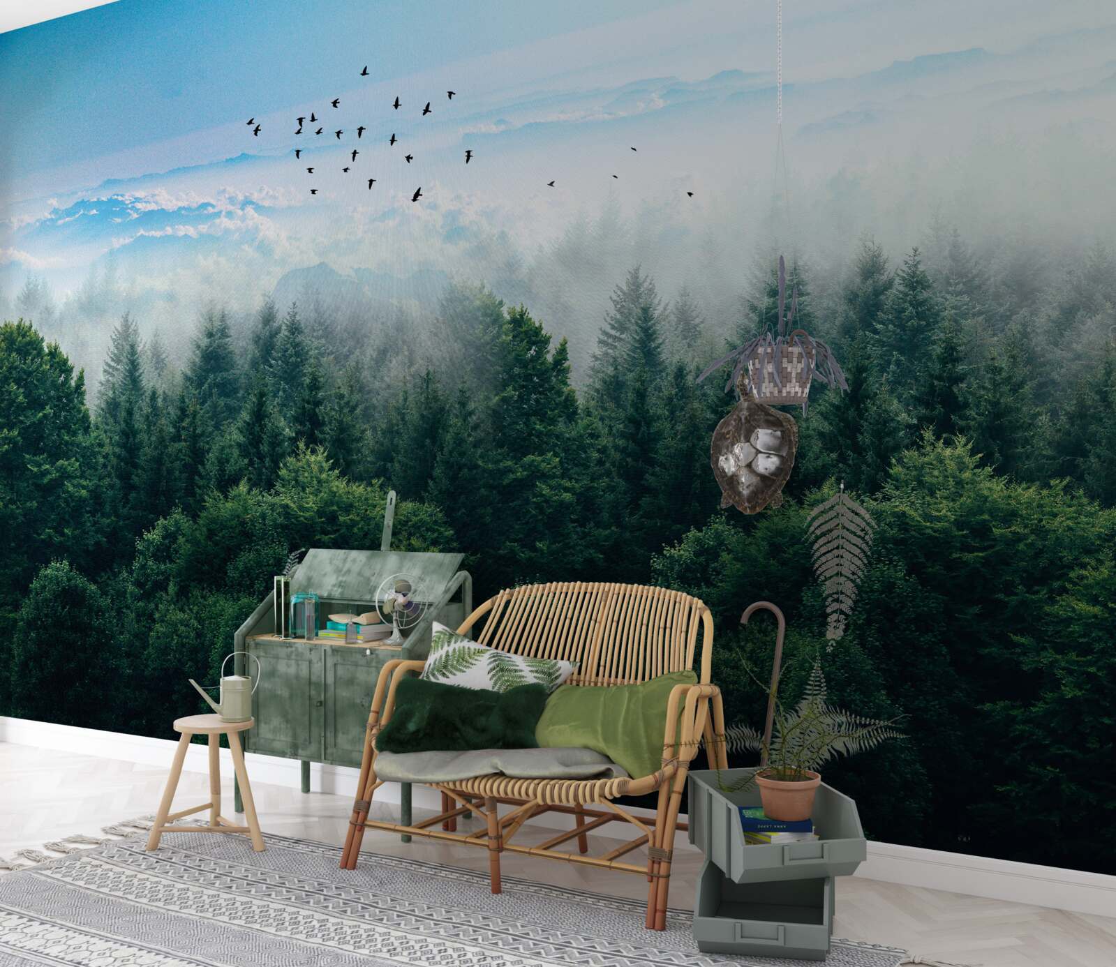 Фотошпалери птахи ширяють високо над кронами лісових велетнів