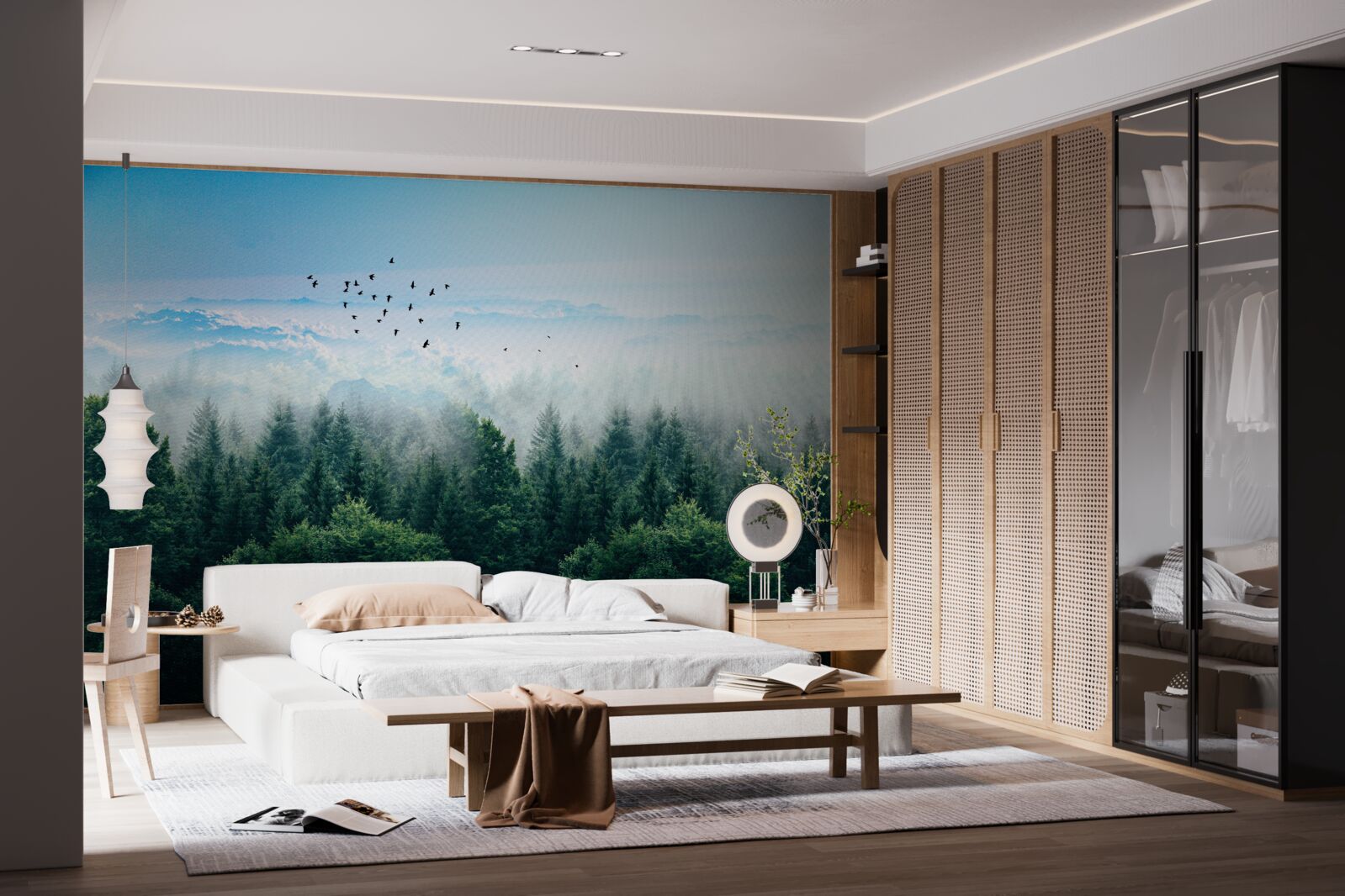 Фотошпалери птахи ширяють високо над кронами лісових велетнів