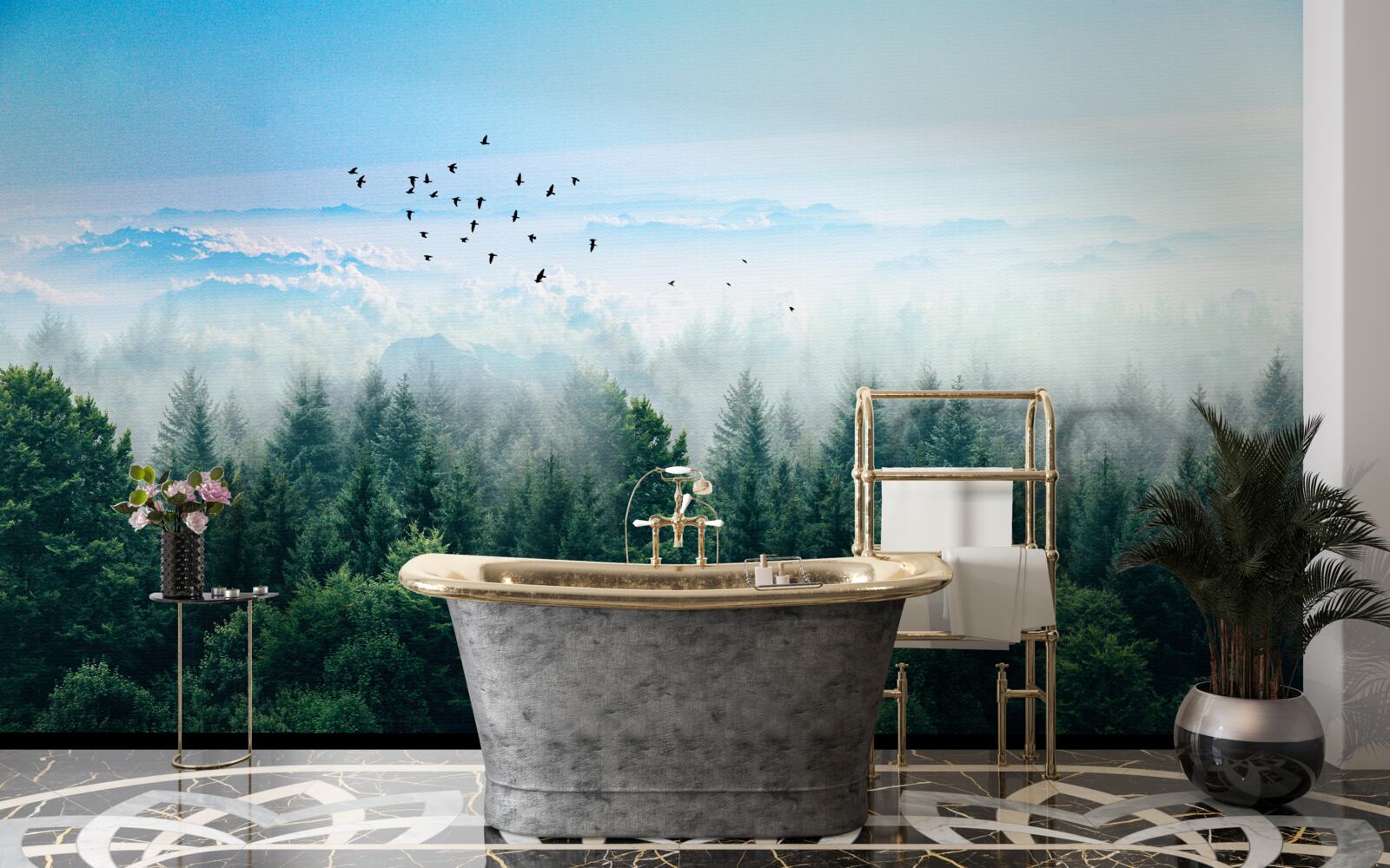 Фотошпалери птахи ширяють високо над кронами лісових велетнів