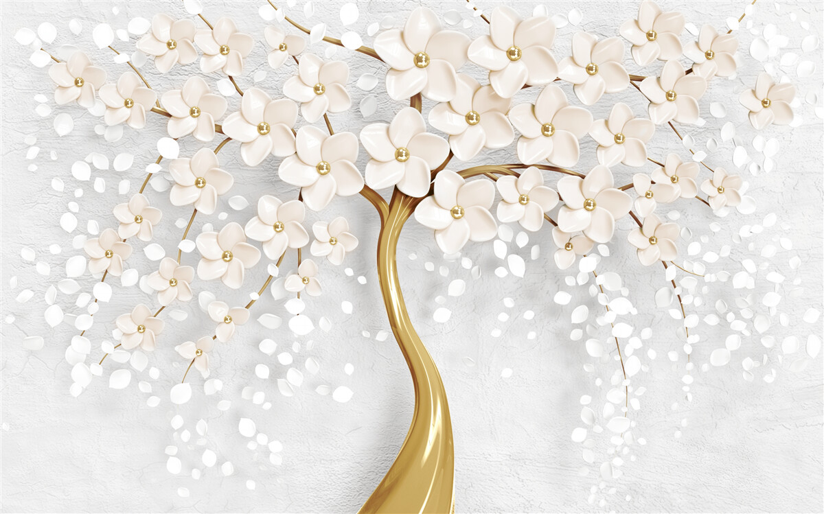 Фотошпалери дерево золотистих відтінків з чарівними мініатюрними квітами