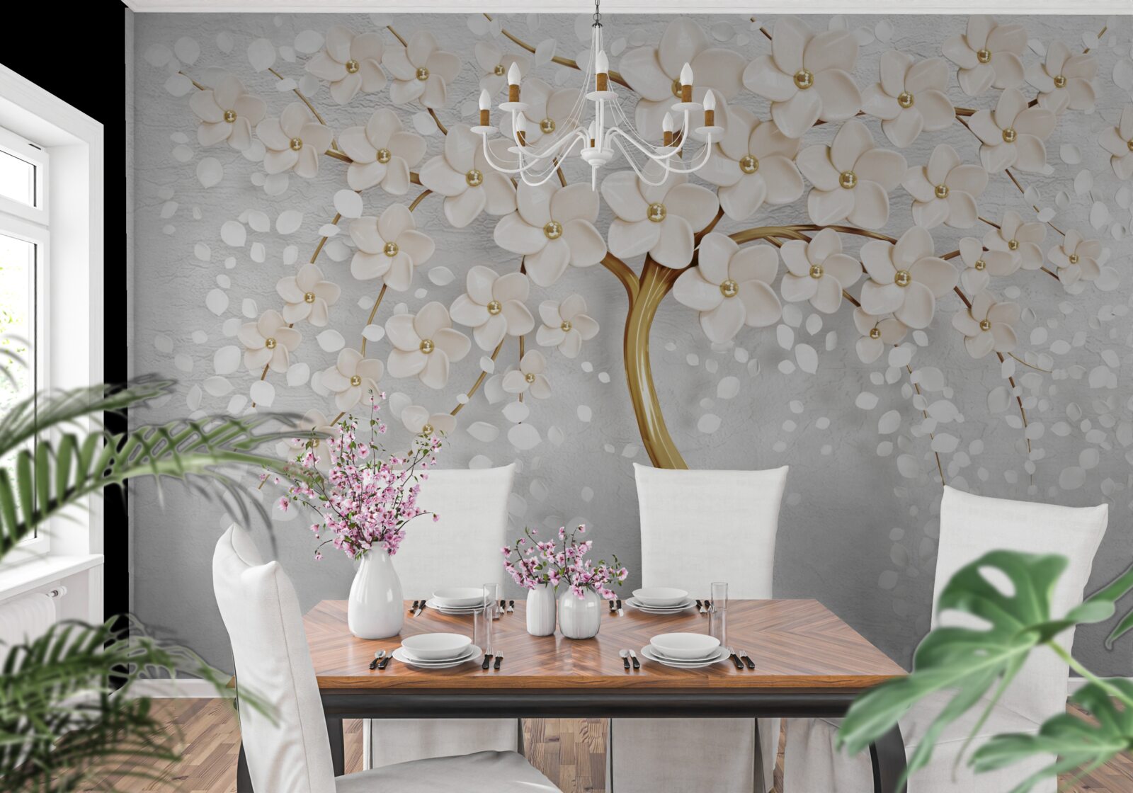 Фотошпалери дерево золотистих відтінків з чарівними мініатюрними квітами