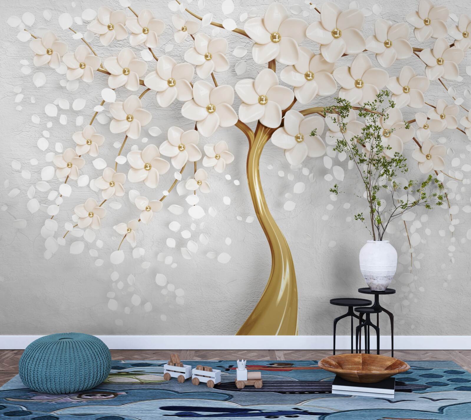 Фотошпалери дерево золотистих відтінків з чарівними мініатюрними квітами