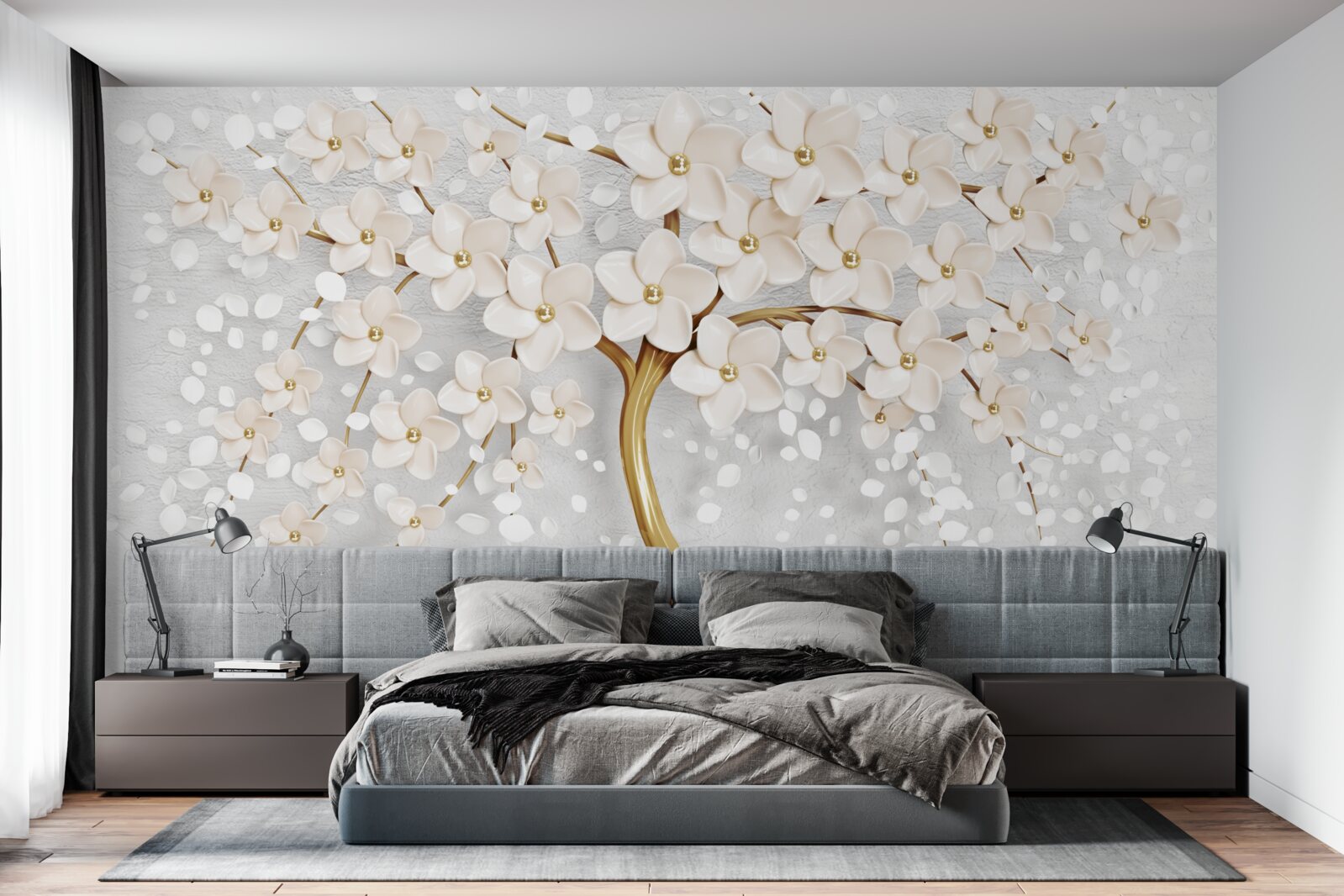 Фотошпалери дерево золотистих відтінків з чарівними мініатюрними квітами