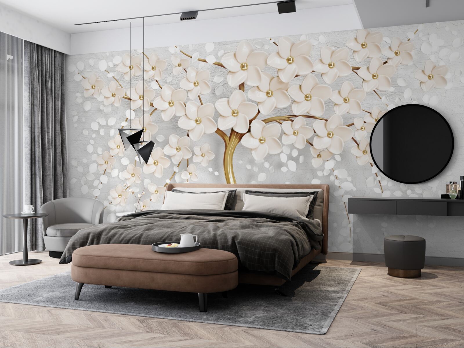 Фотошпалери дерево золотистих відтінків з чарівними мініатюрними квітами