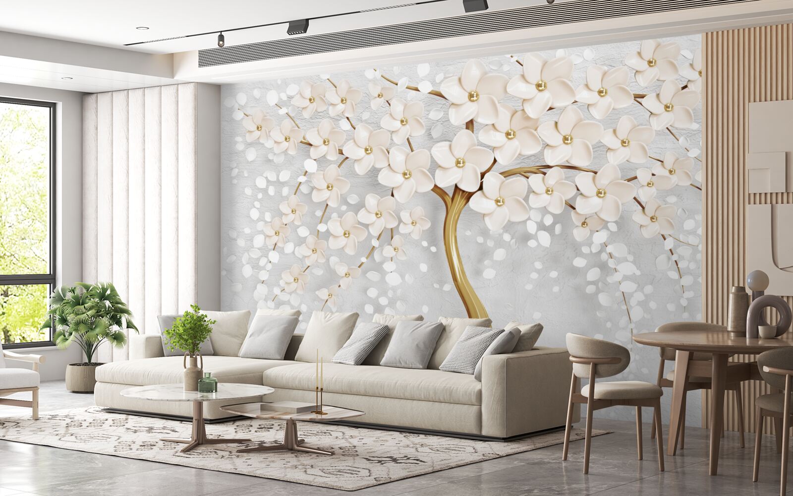 Фотошпалери дерево золотистих відтінків з чарівними мініатюрними квітами