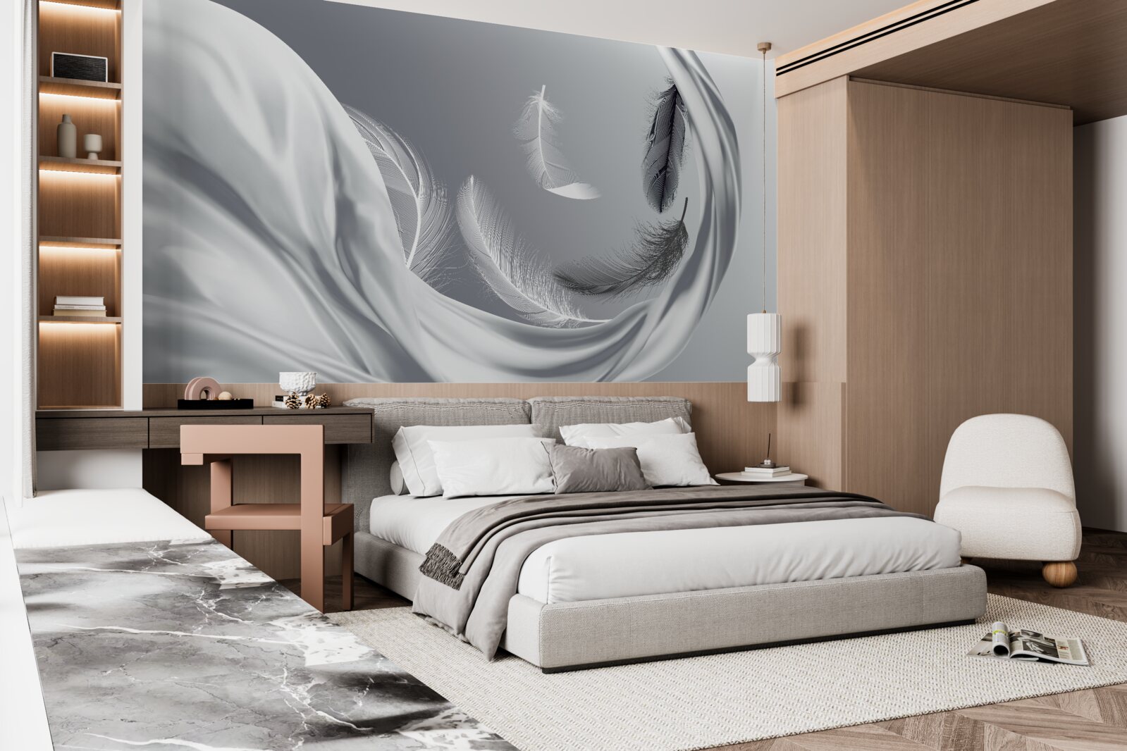 Фотошпалери кручене, глянцеве біле пір'я