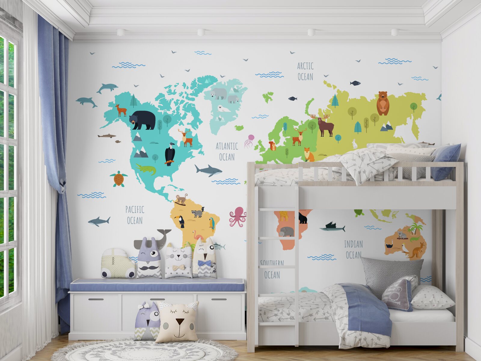 Фотошпалери різнокольорова карта світу з представниками фауни