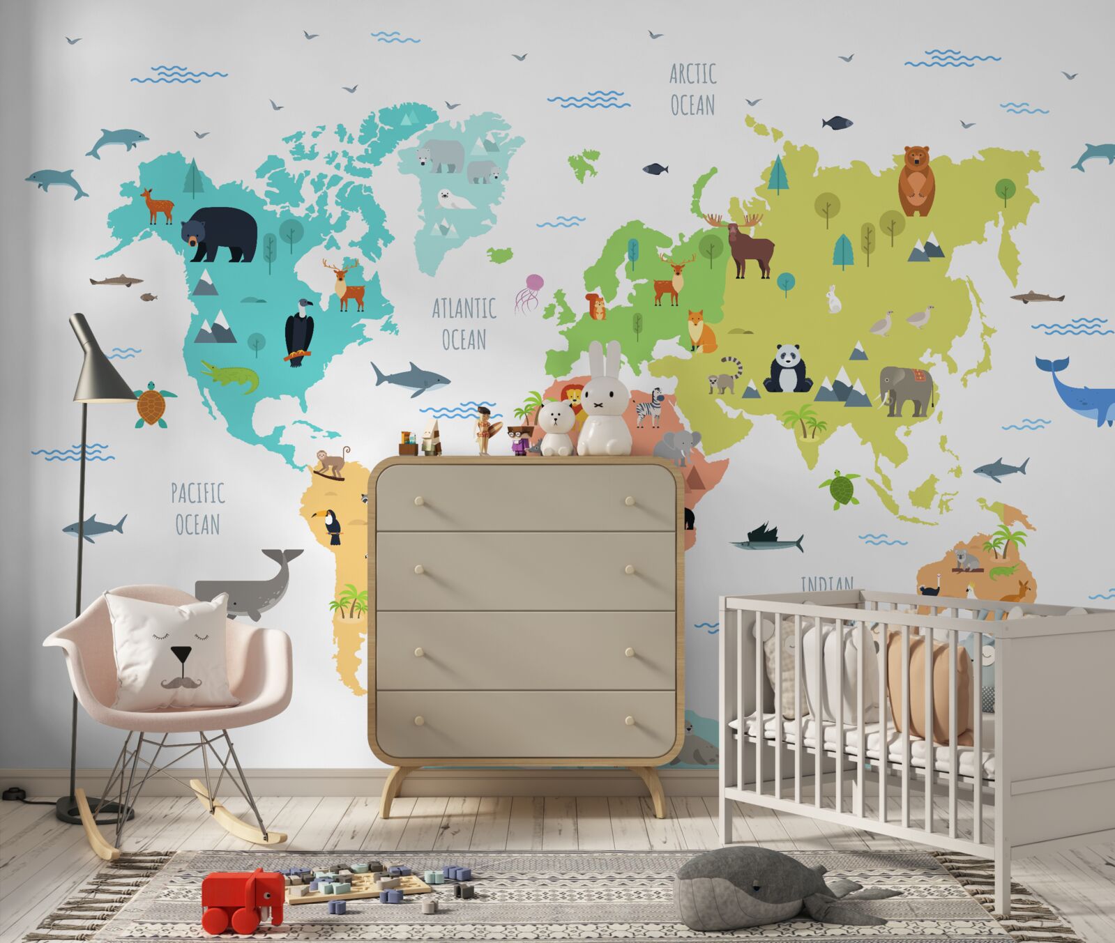 Фотошпалери різнокольорова карта світу з представниками фауни