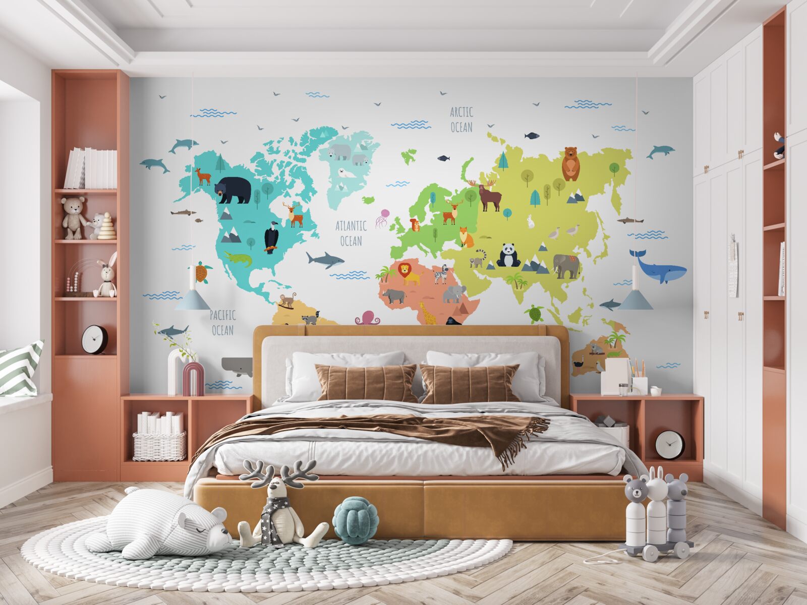 Фотошпалери різнокольорова карта світу з представниками фауни