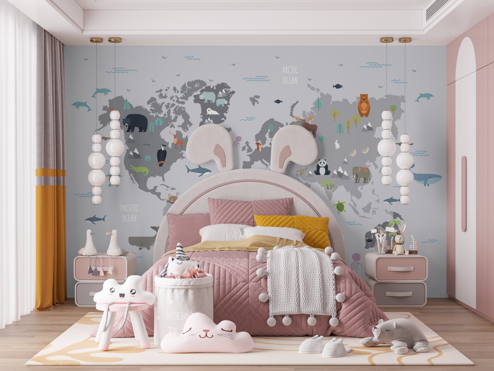 Фотошпалери сіра карта світу із зображеннями тварин