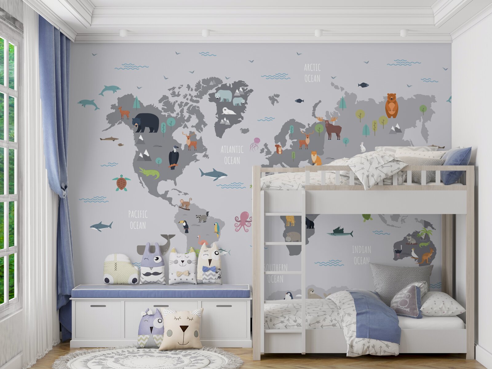 Фотошпалери сіра карта світу із зображеннями тварин