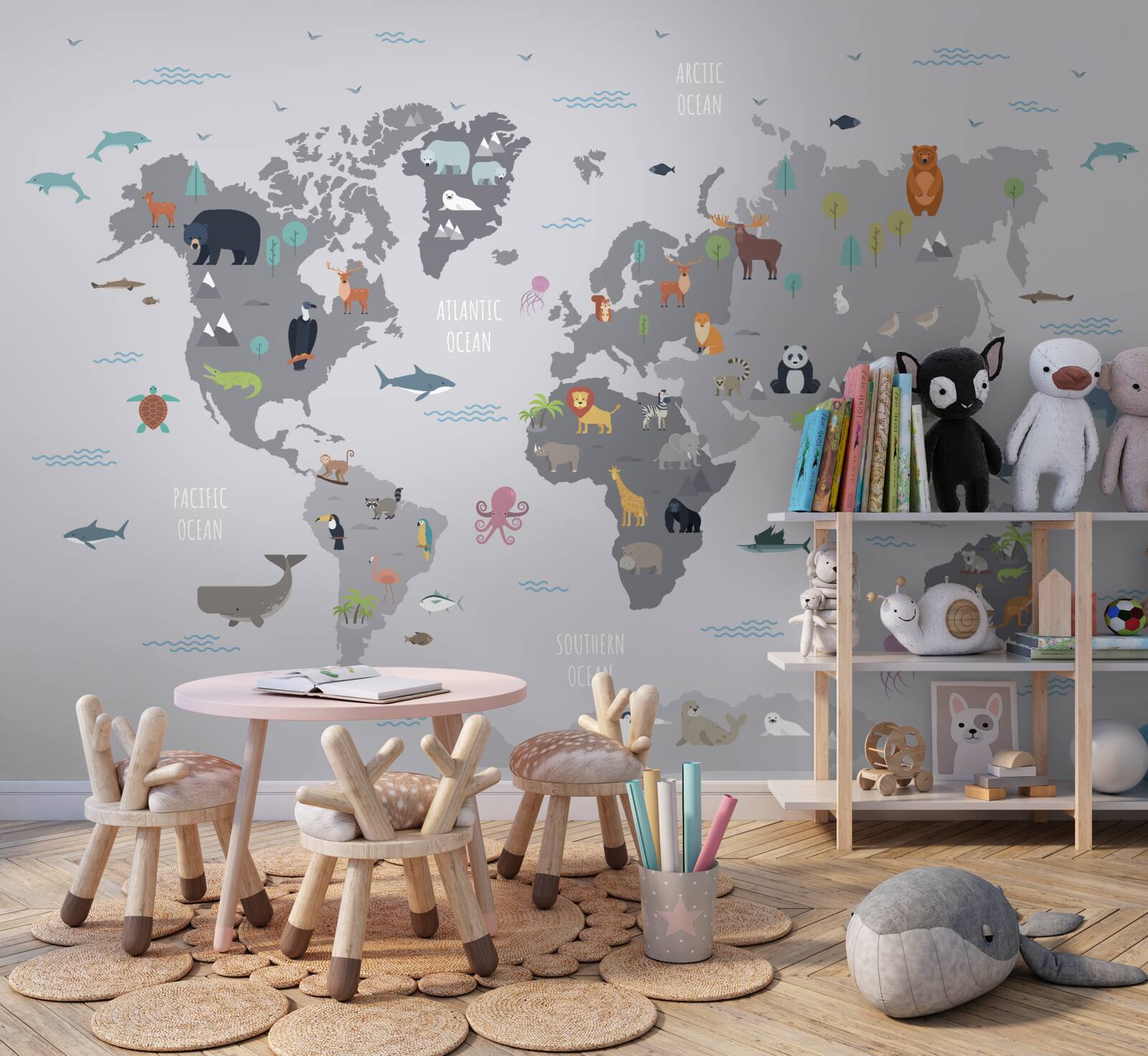 Фотошпалери сіра карта світу із зображеннями тварин