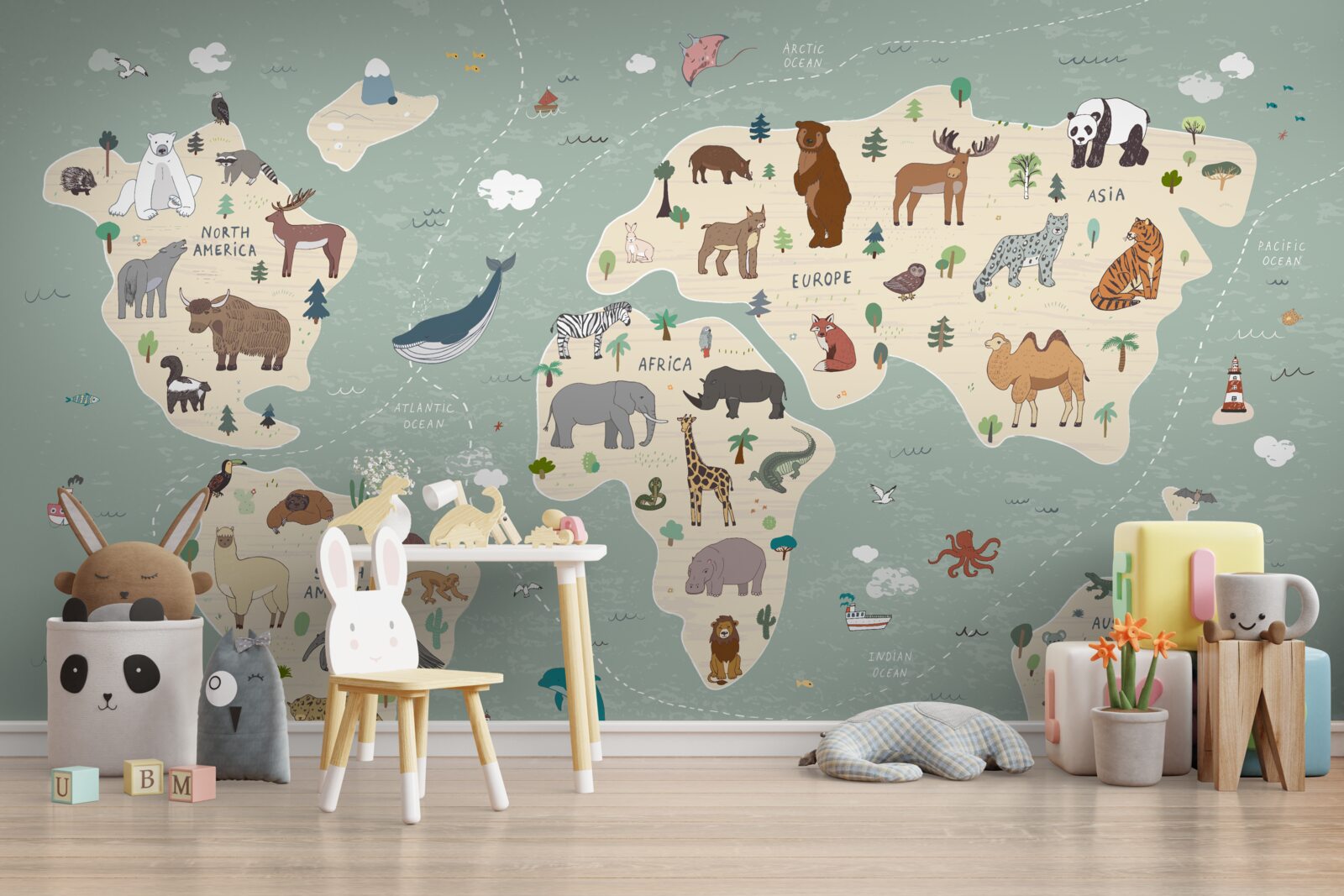 Фотошпалери на карті світу зображено безліч різних тварин