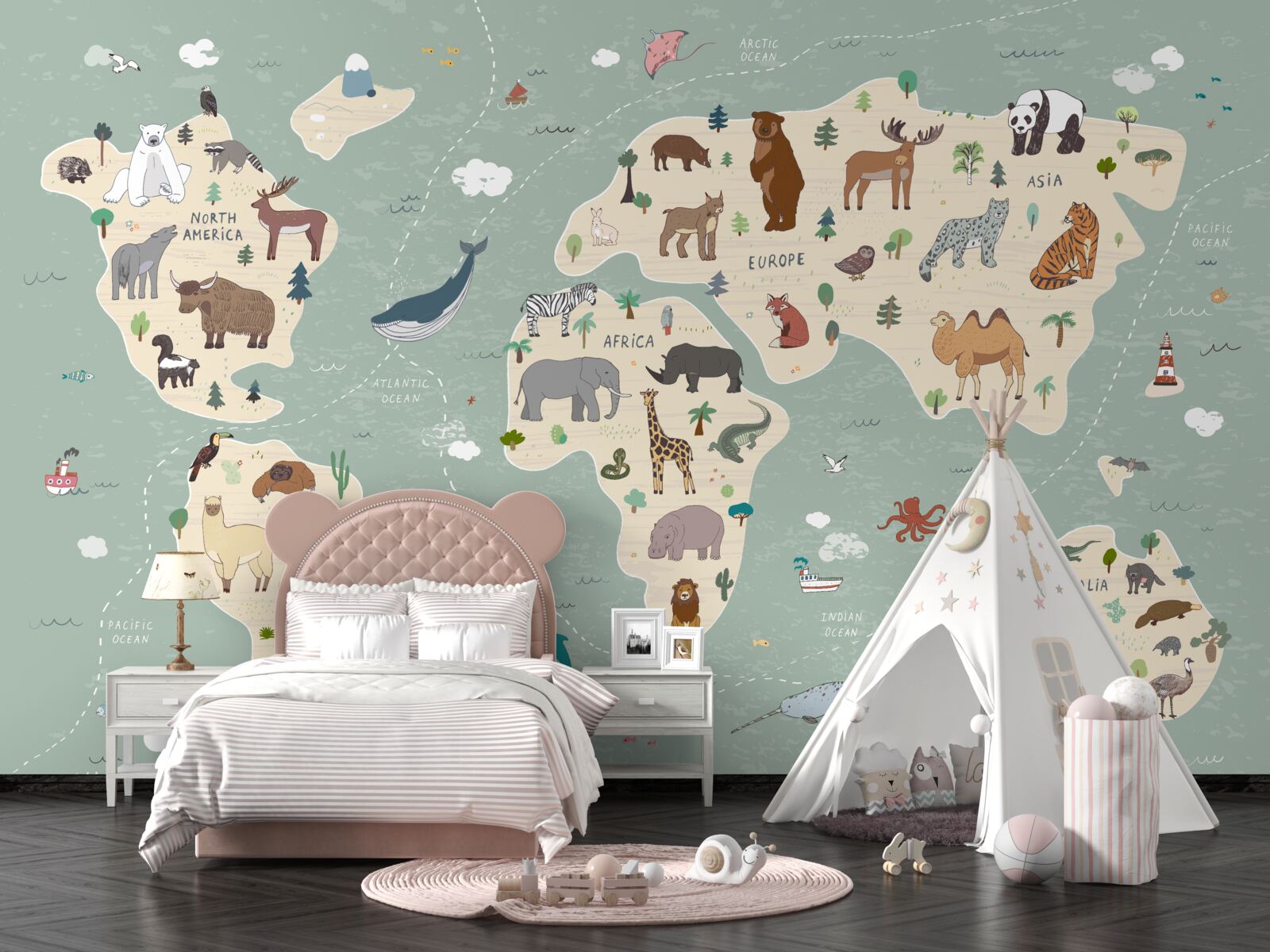 Фотошпалери на карті світу зображено безліч різних тварин