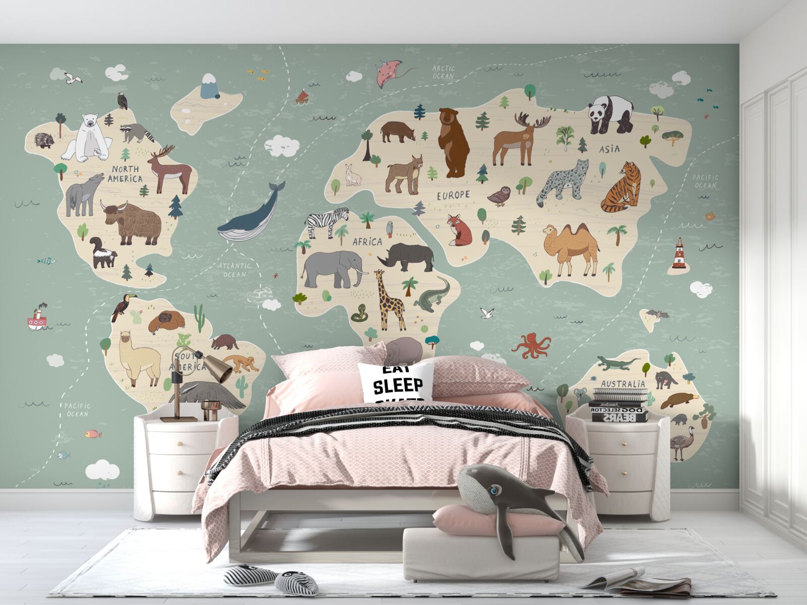 Фотошпалери на карті світу зображено безліч різних тварин