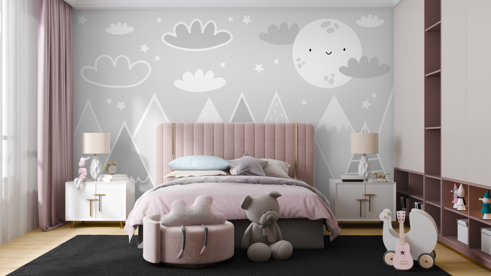 Фотошпалери над вершинами гір висить яскравий місяць з обличчям