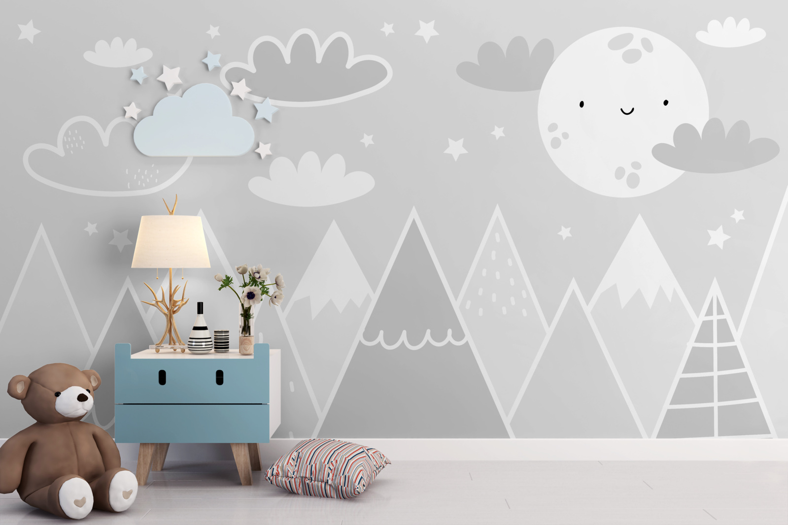 Фотошпалери над вершинами гір висить яскравий місяць з обличчям