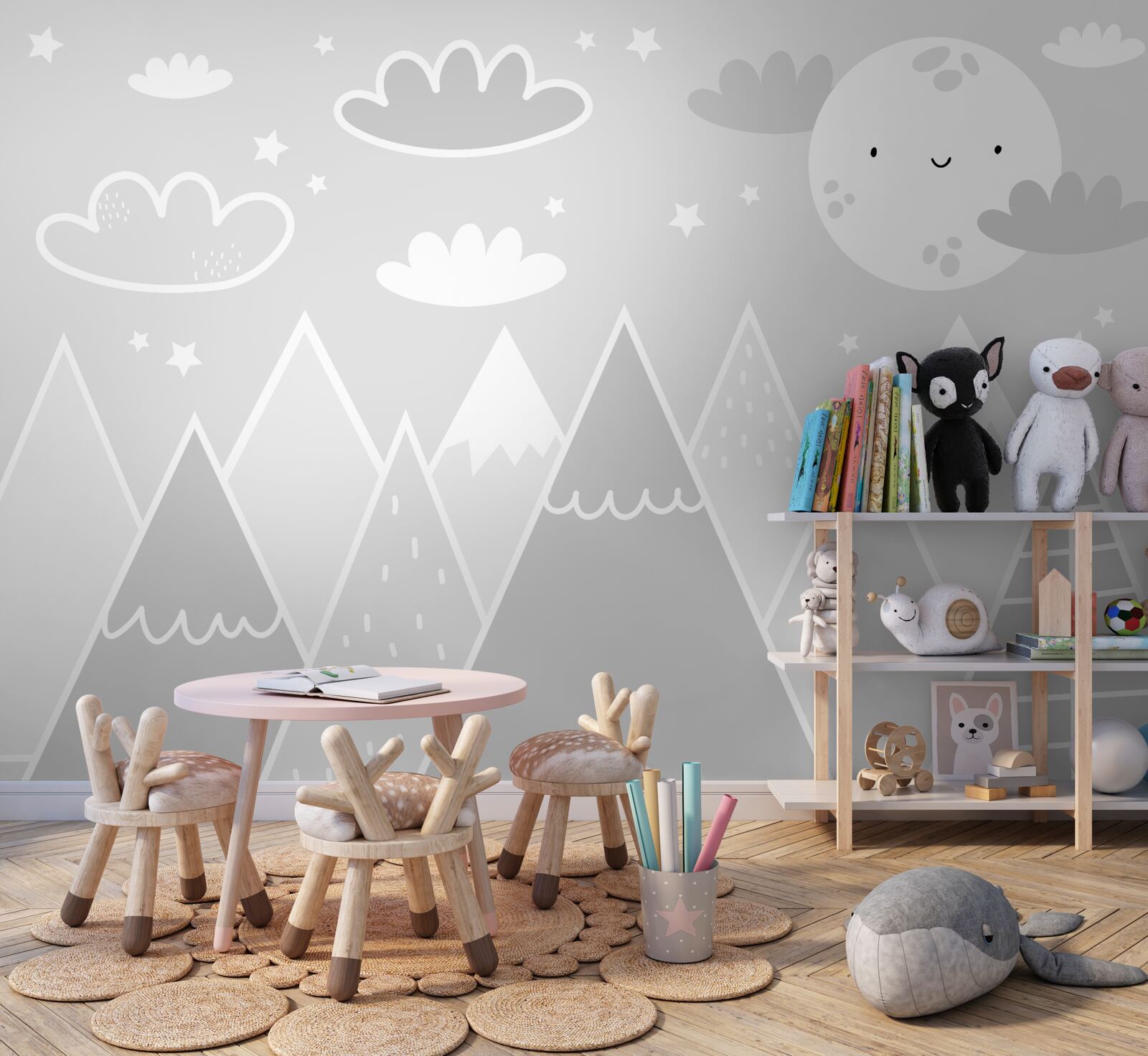 Фотошпалери над вершинами гір висить яскравий місяць з обличчям