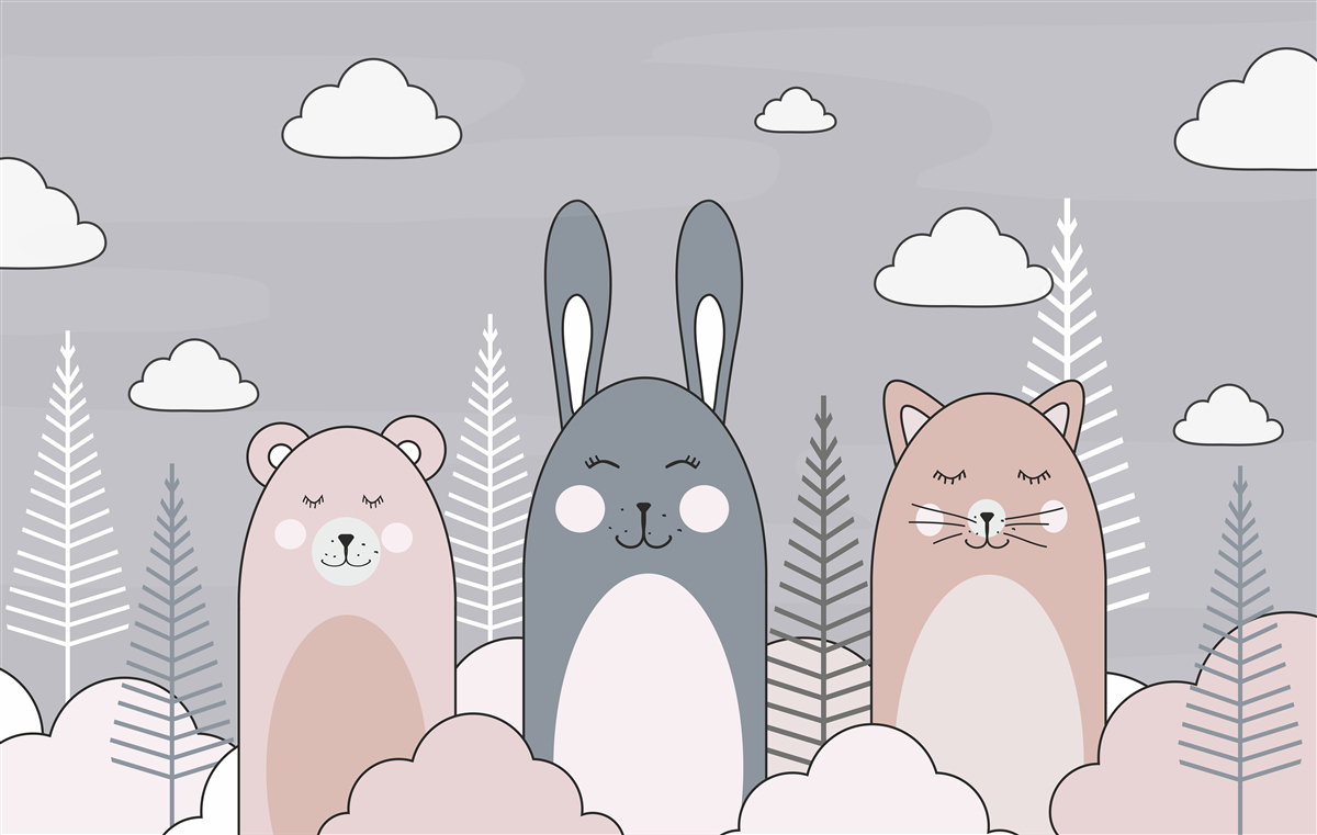 Фотошпалери кошеня, ведмідь і заєць в оточенні муфт