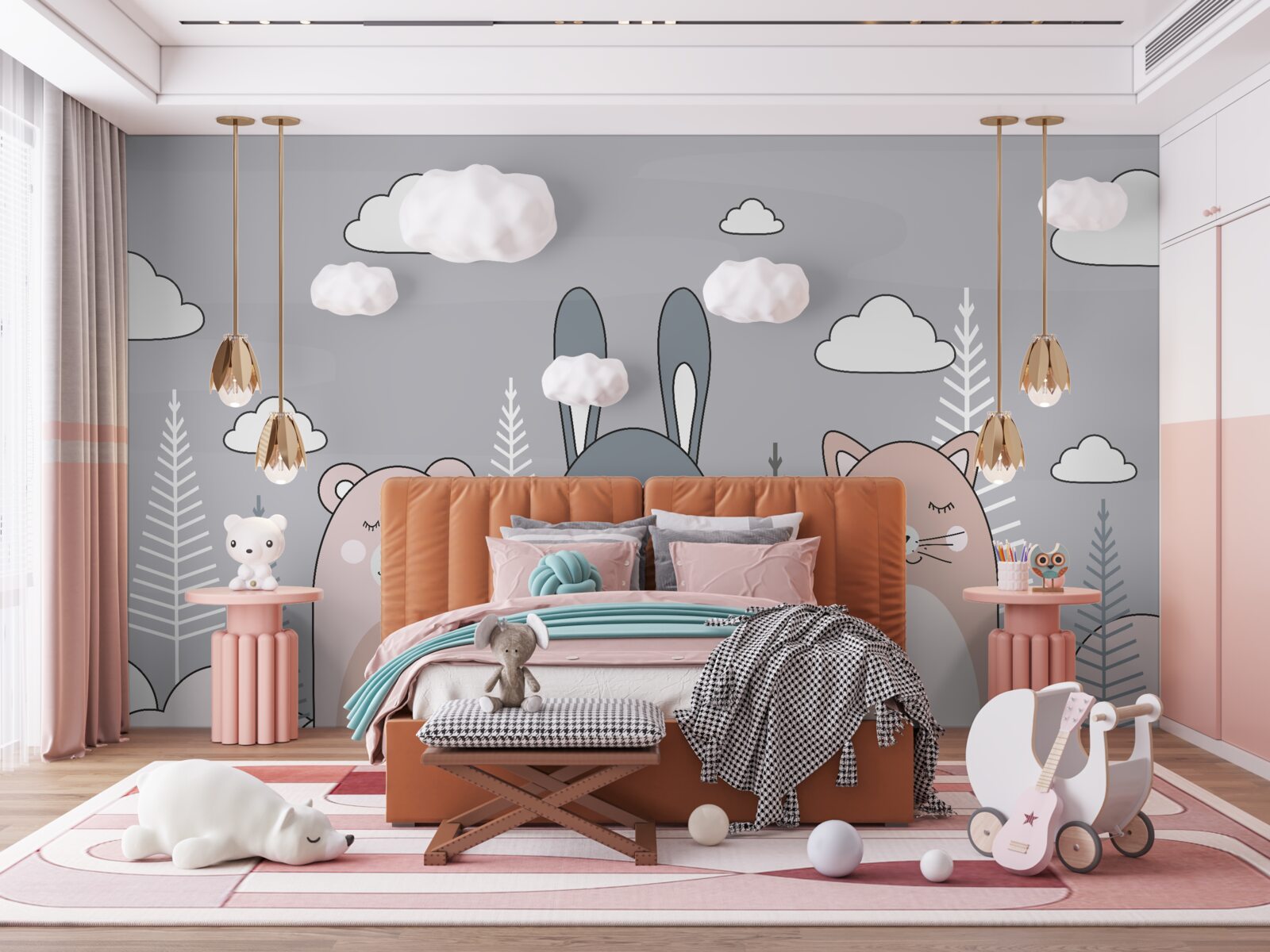 Фотошпалери кошеня, ведмідь і заєць в оточенні муфт