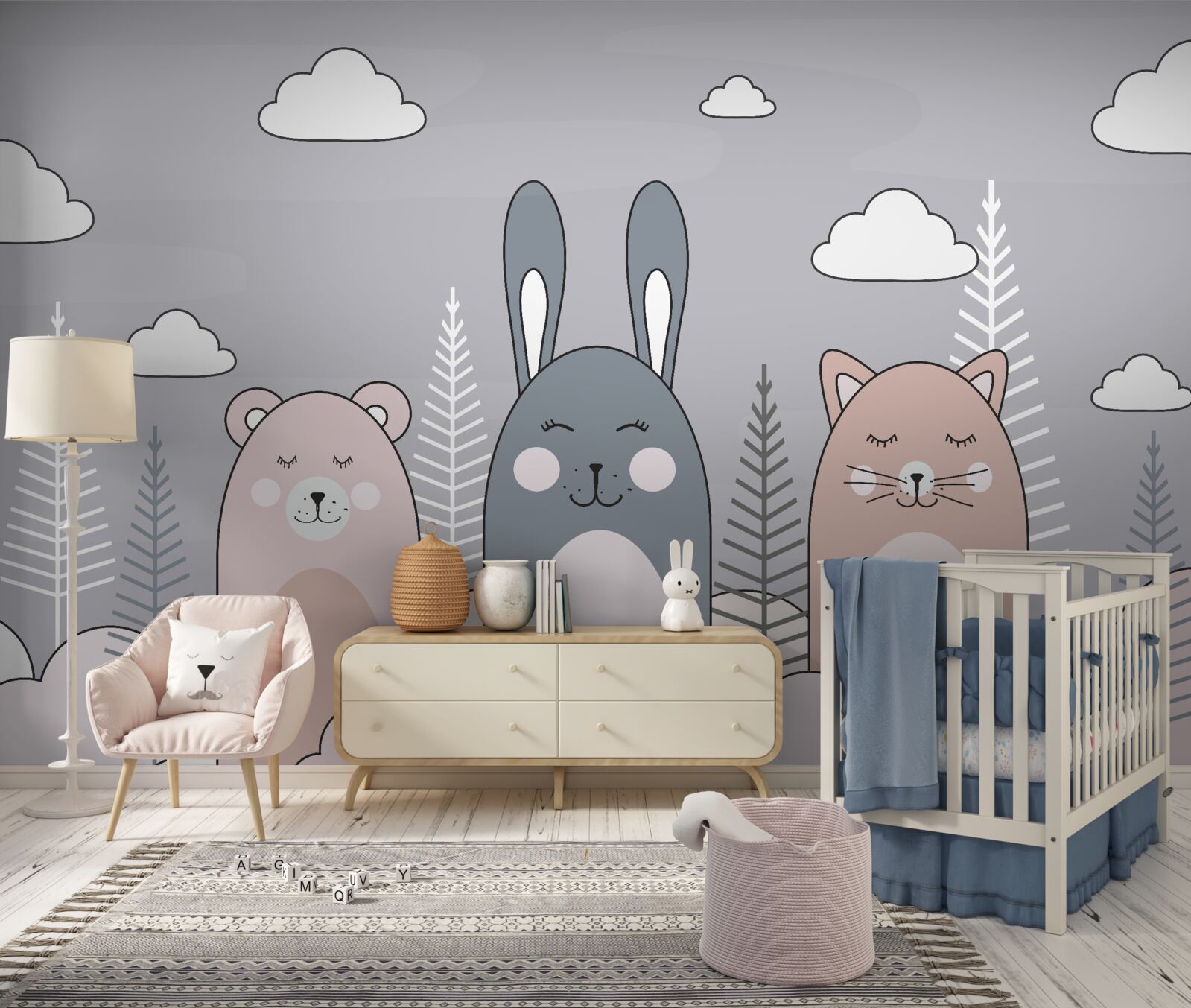 Фотошпалери кошеня, ведмідь і заєць в оточенні муфт