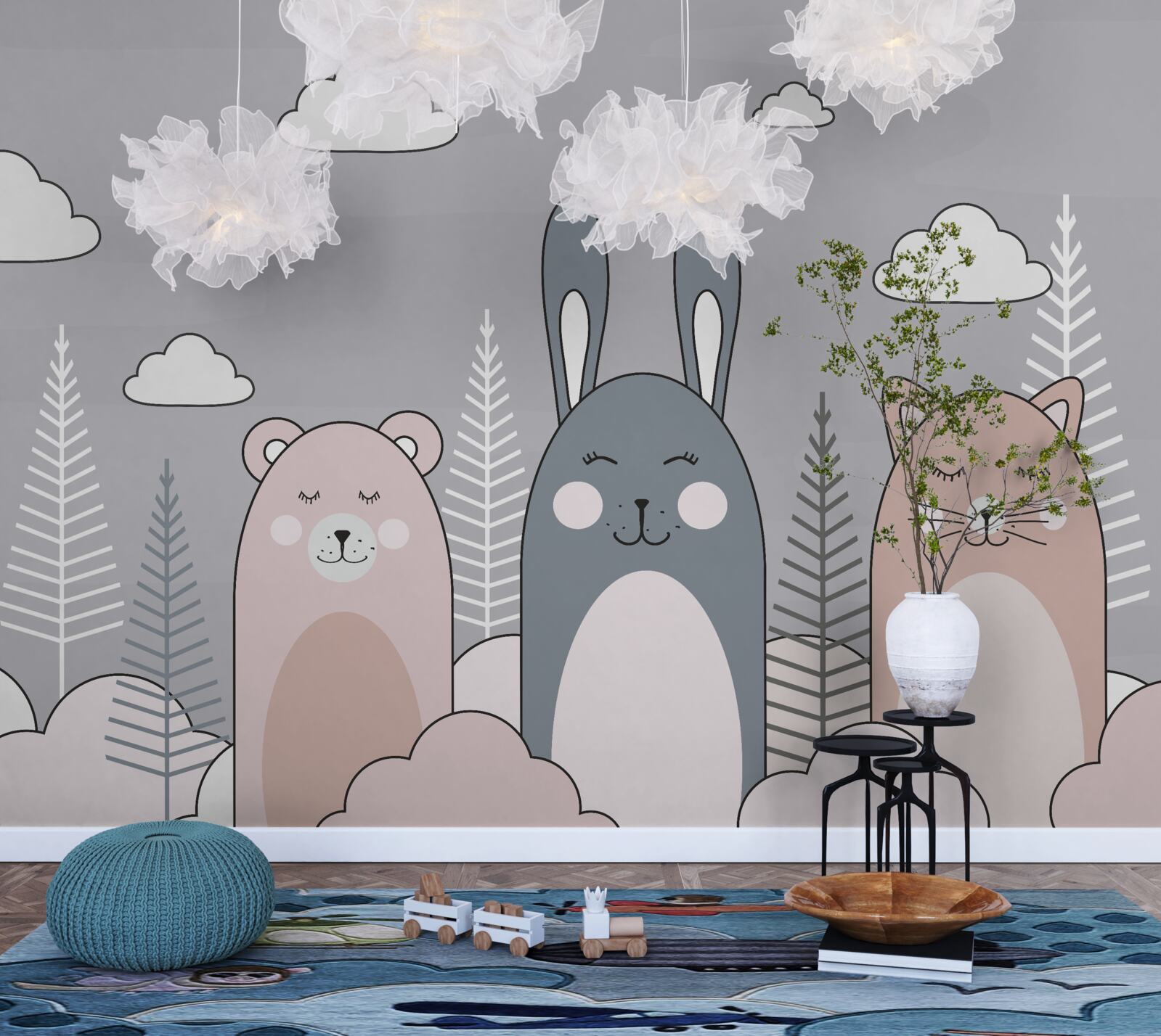 Фотошпалери кошеня, ведмідь і заєць в оточенні муфт