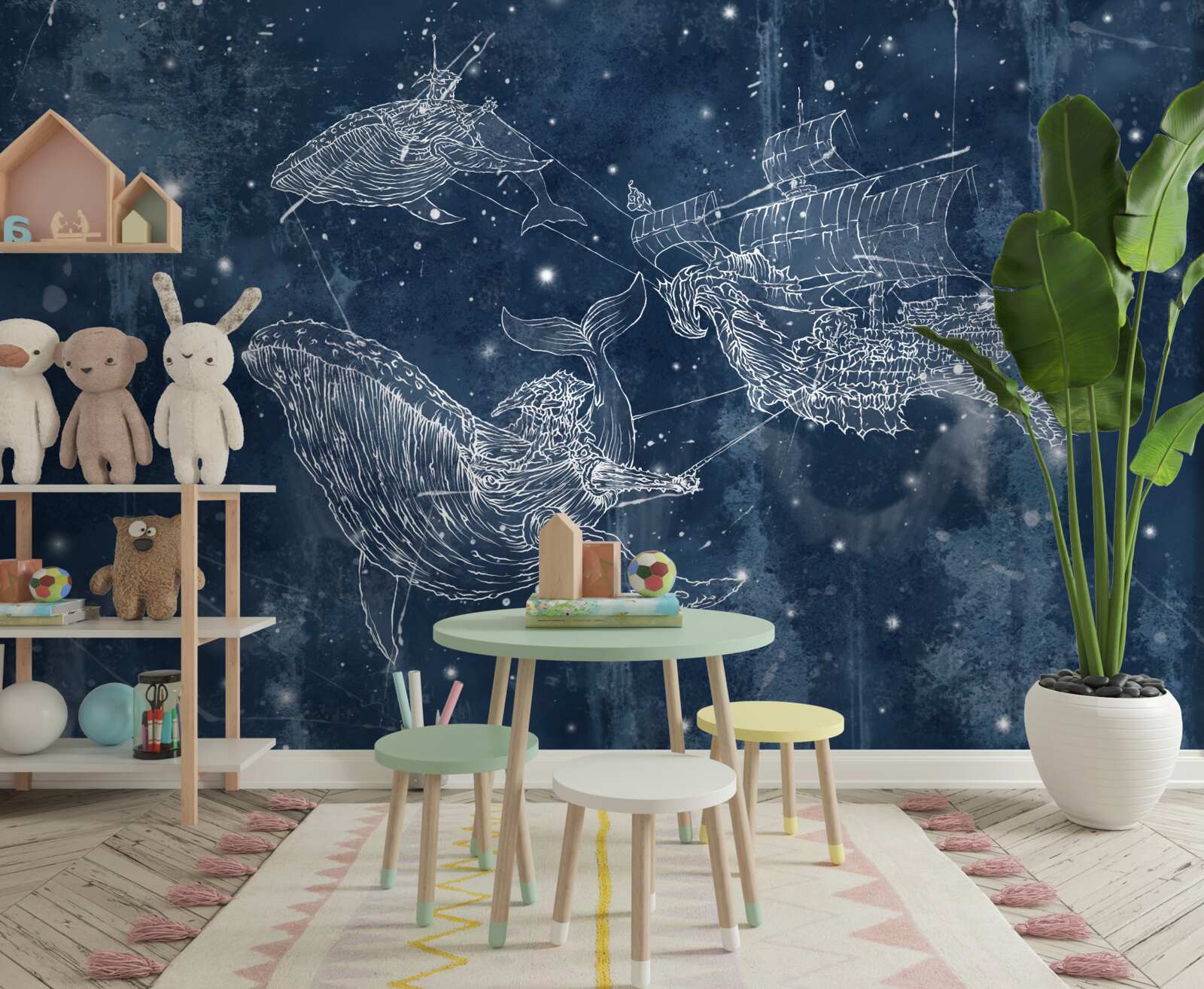 Фотошпалери корабель, до якого прямують зірки в сузір'ї кита