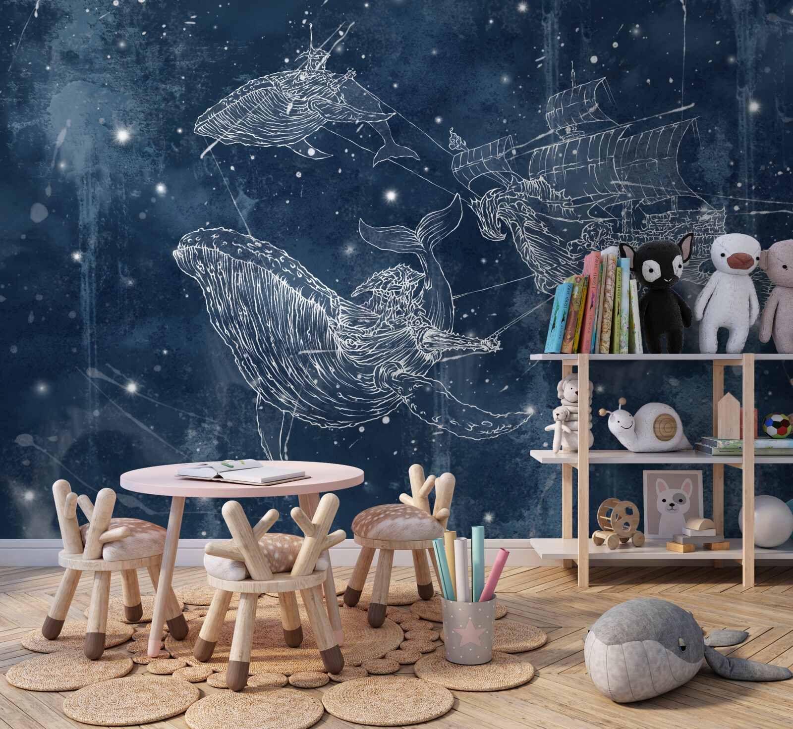 Фотошпалери корабель, до якого прямують зірки в сузір'ї кита