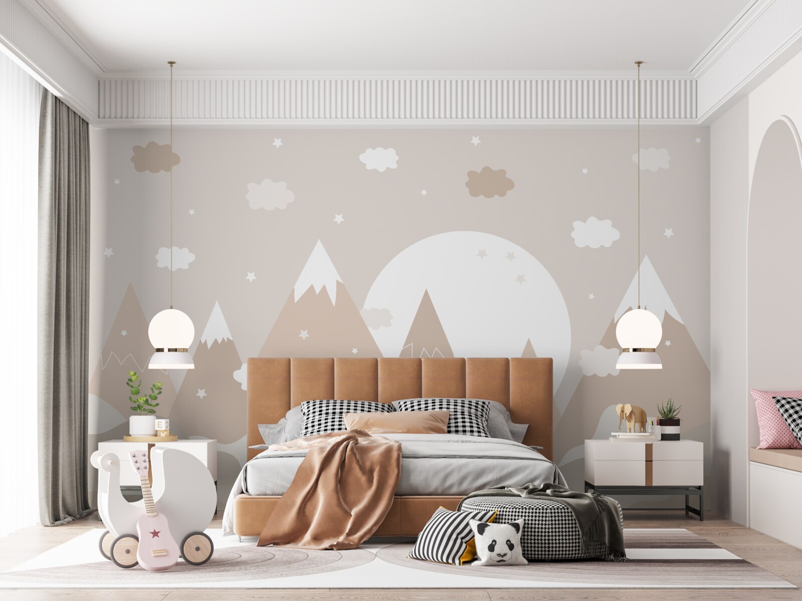 Фотошпалери зображені на полотні вершини та сяючий повний місяць