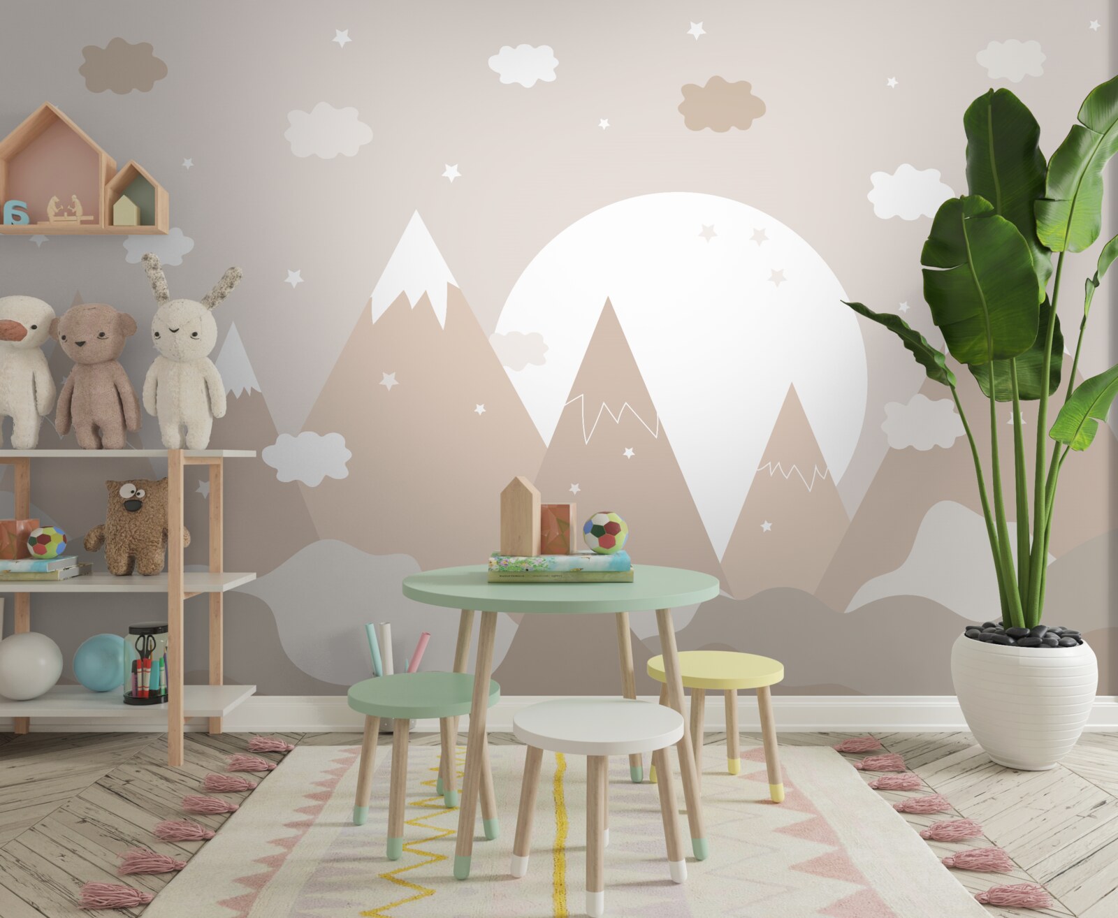 Фотошпалери зображені на полотні вершини та сяючий повний місяць