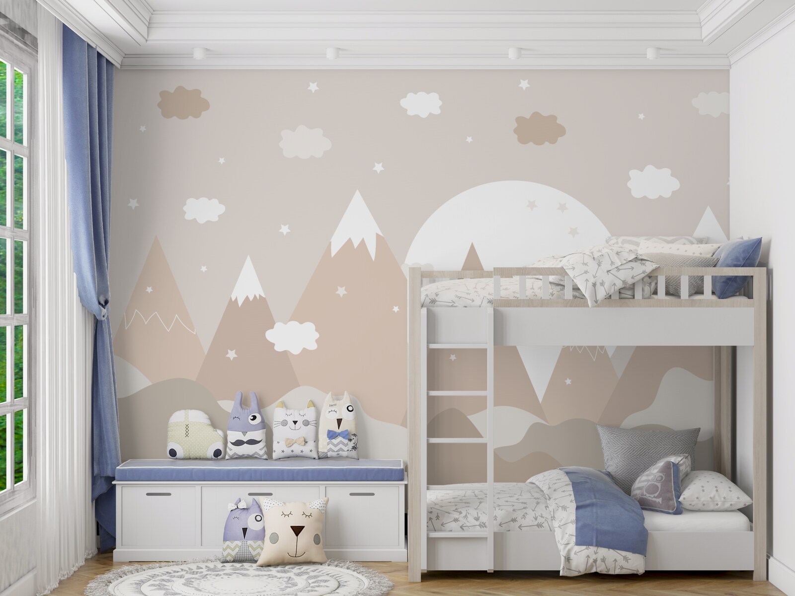 Фотошпалери зображені на полотні вершини та сяючий повний місяць