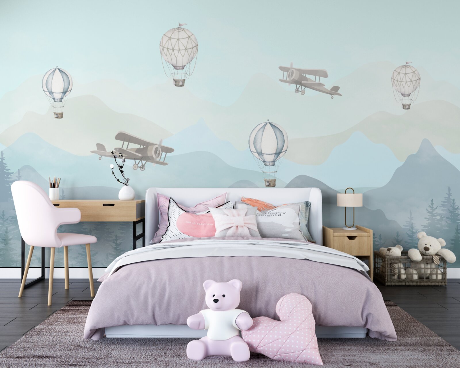 Фотошпалери гірські вершини, повітряні кулі та літаки в небі