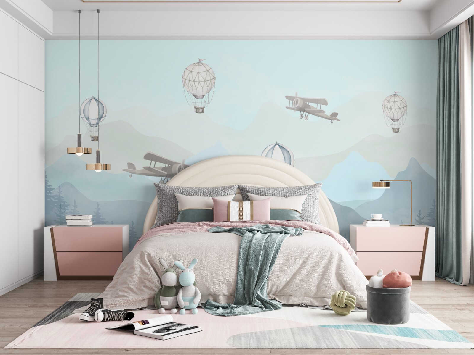 Фотошпалери гірські вершини, повітряні кулі та літаки в небі