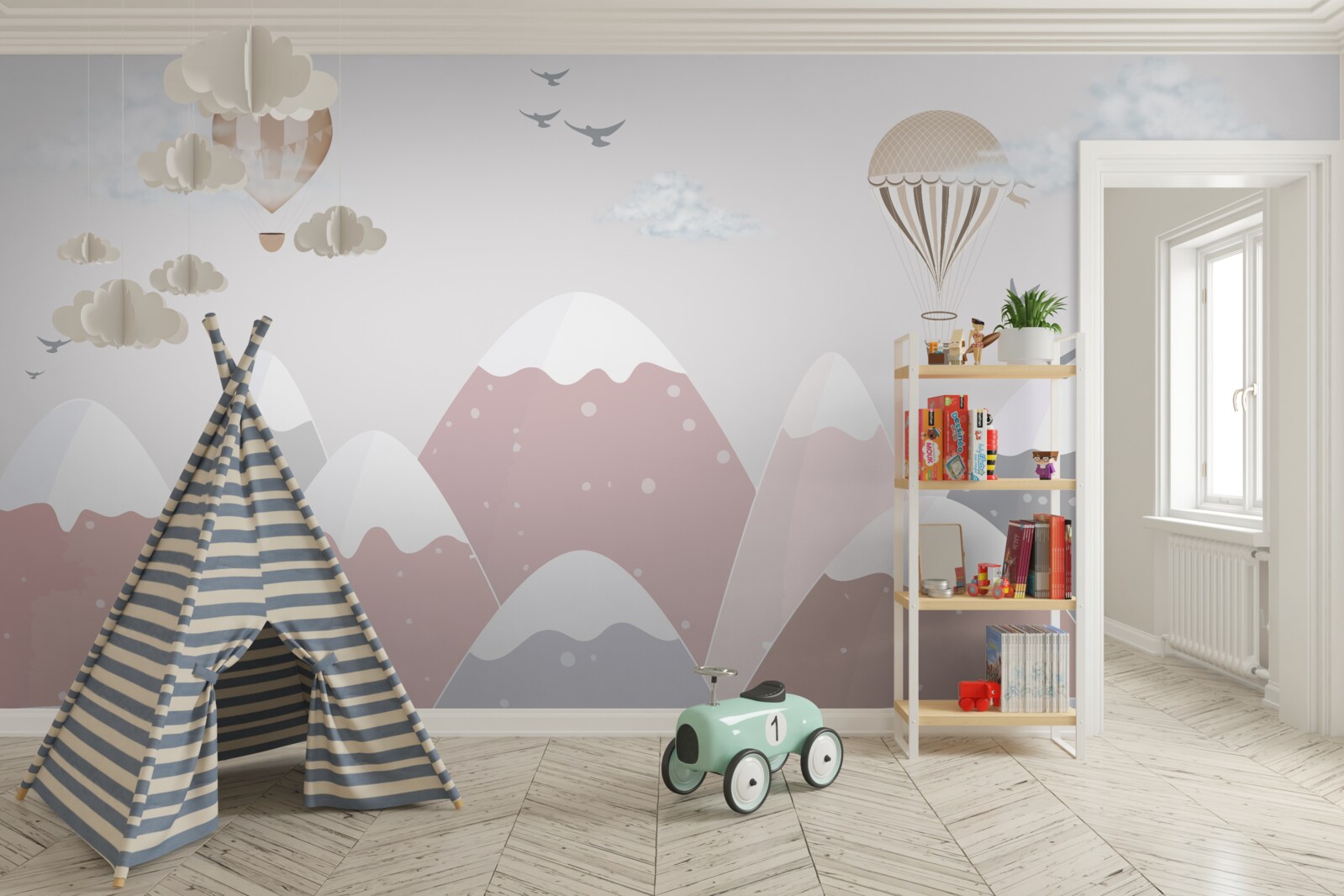 Фотошпалери повітряні кулі, що ширяють у небі, прорізають засніжені гірські вершини