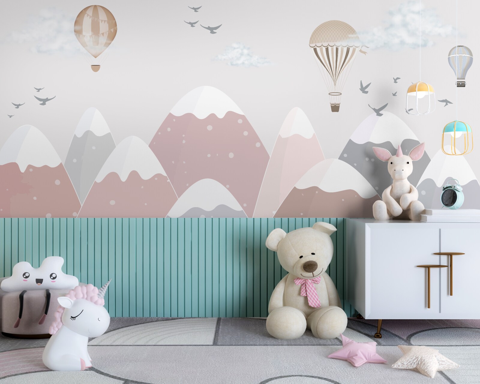 Фотошпалери повітряні кулі, що ширяють у небі, прорізають засніжені гірські вершини