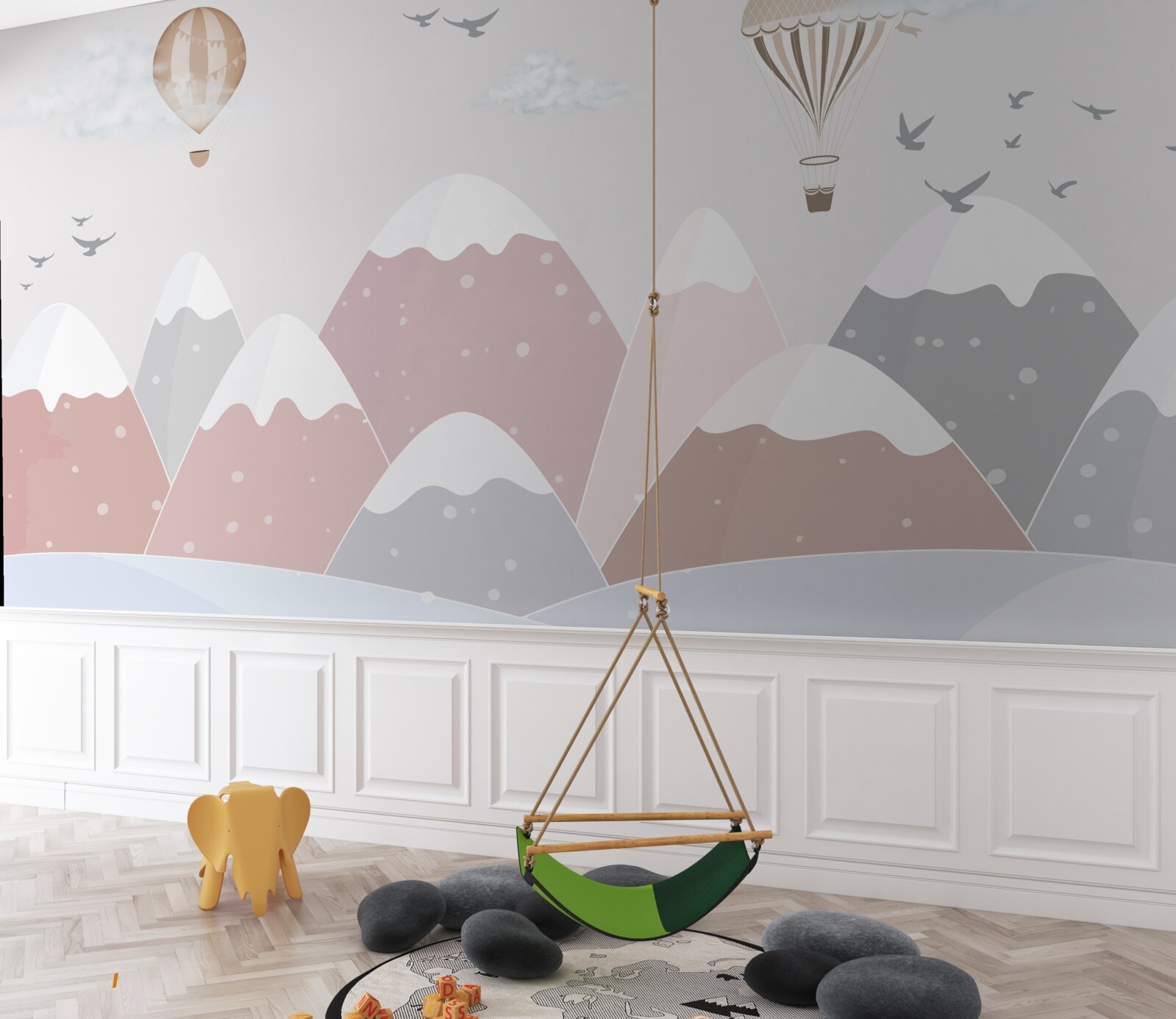 Фотошпалери повітряні кулі, що ширяють у небі, прорізають засніжені гірські вершини