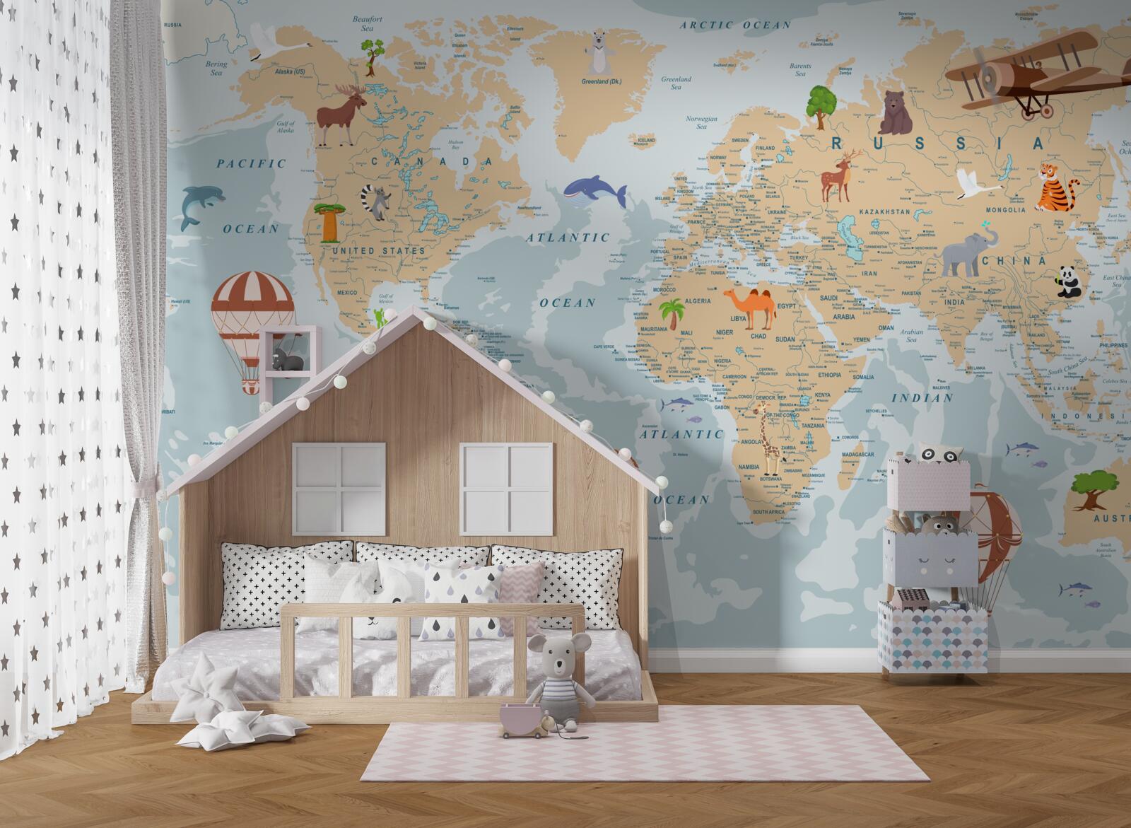 Фотошпалери детальна географічна карта світу з різноманітними зображеннями