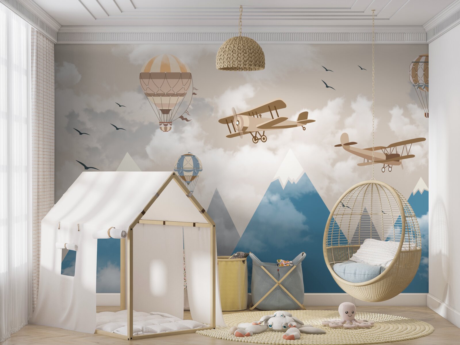 Фотошпалери пересування птахів і повітряного транспорту над гірськими вершинами