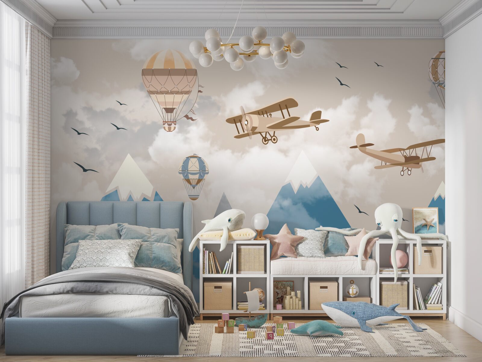 Фотошпалери пересування птахів і повітряного транспорту над гірськими вершинами