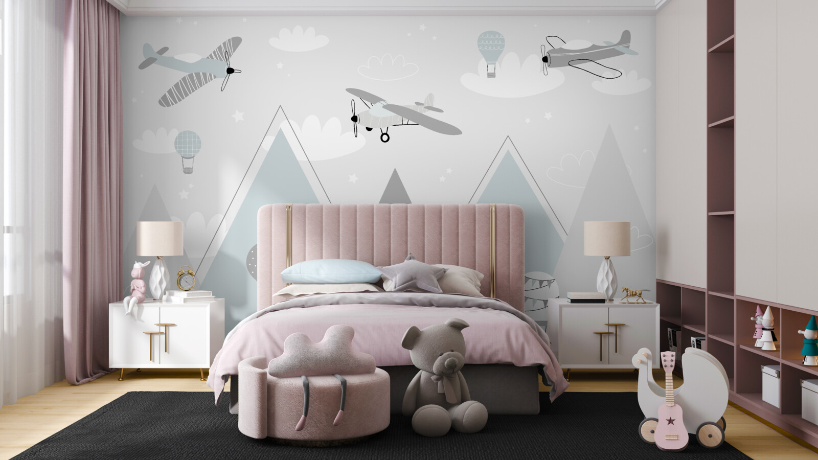 Фотошпалери повітряні кулі та літаки, що ширяють над гірськими вершинами