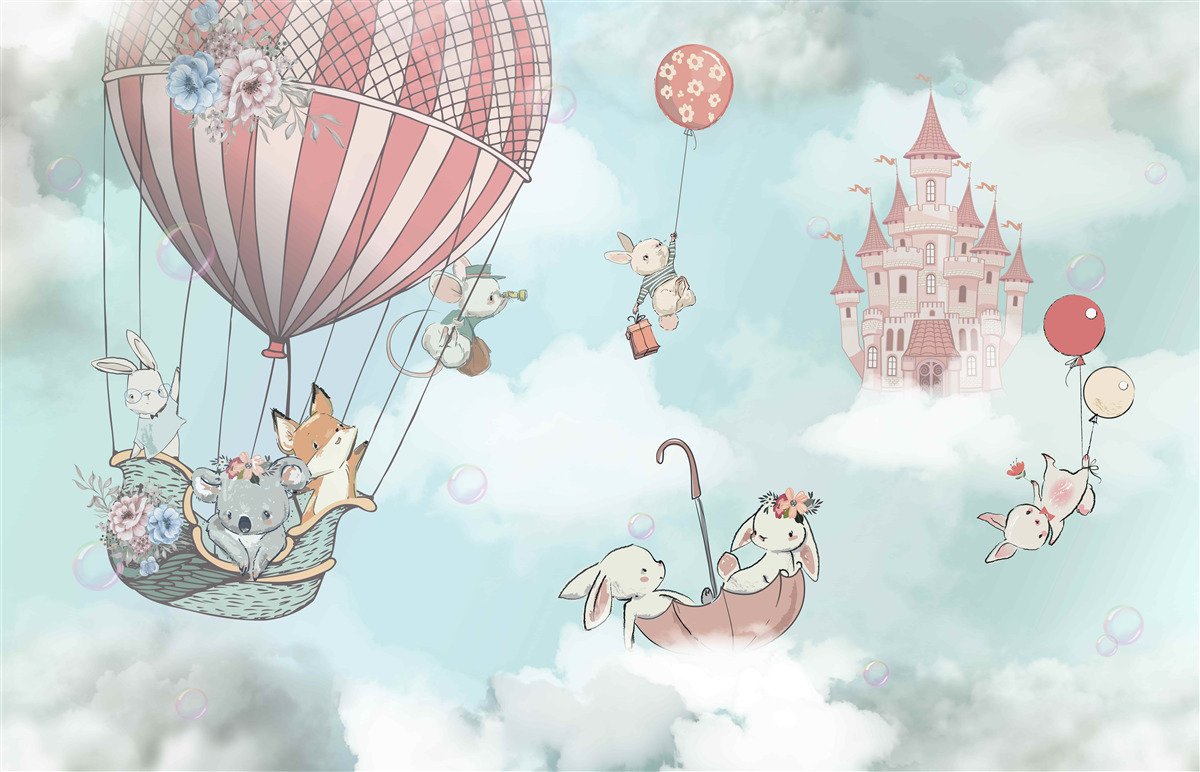 Фотошпалери на задньому плані замок, перед ним літають тварини