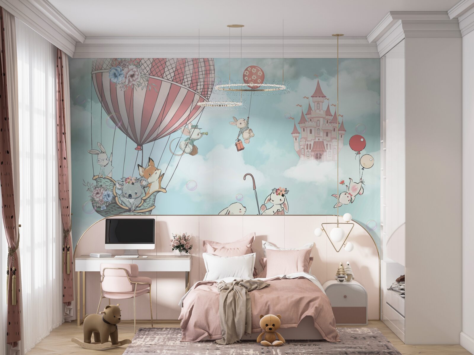 Фотошпалери на задньому плані замок, перед ним літають тварини