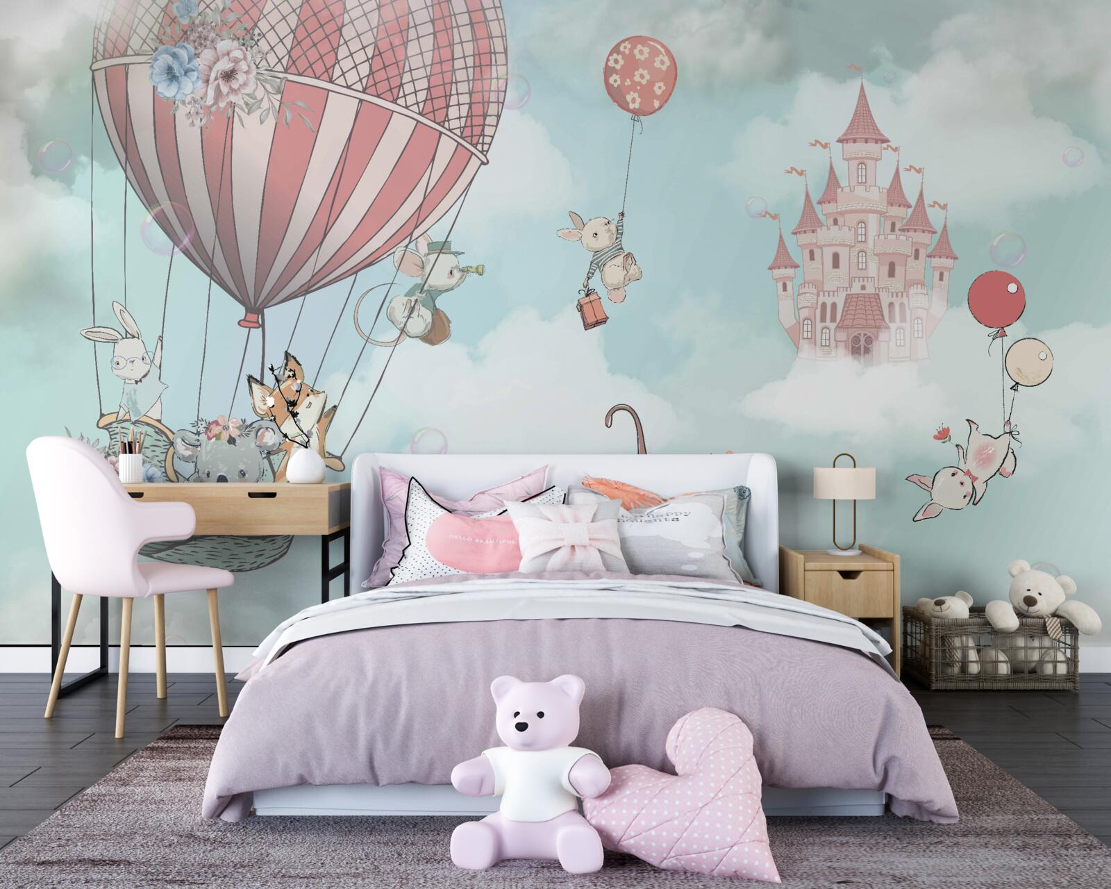 Фотошпалери на задньому плані замок, перед ним літають тварини