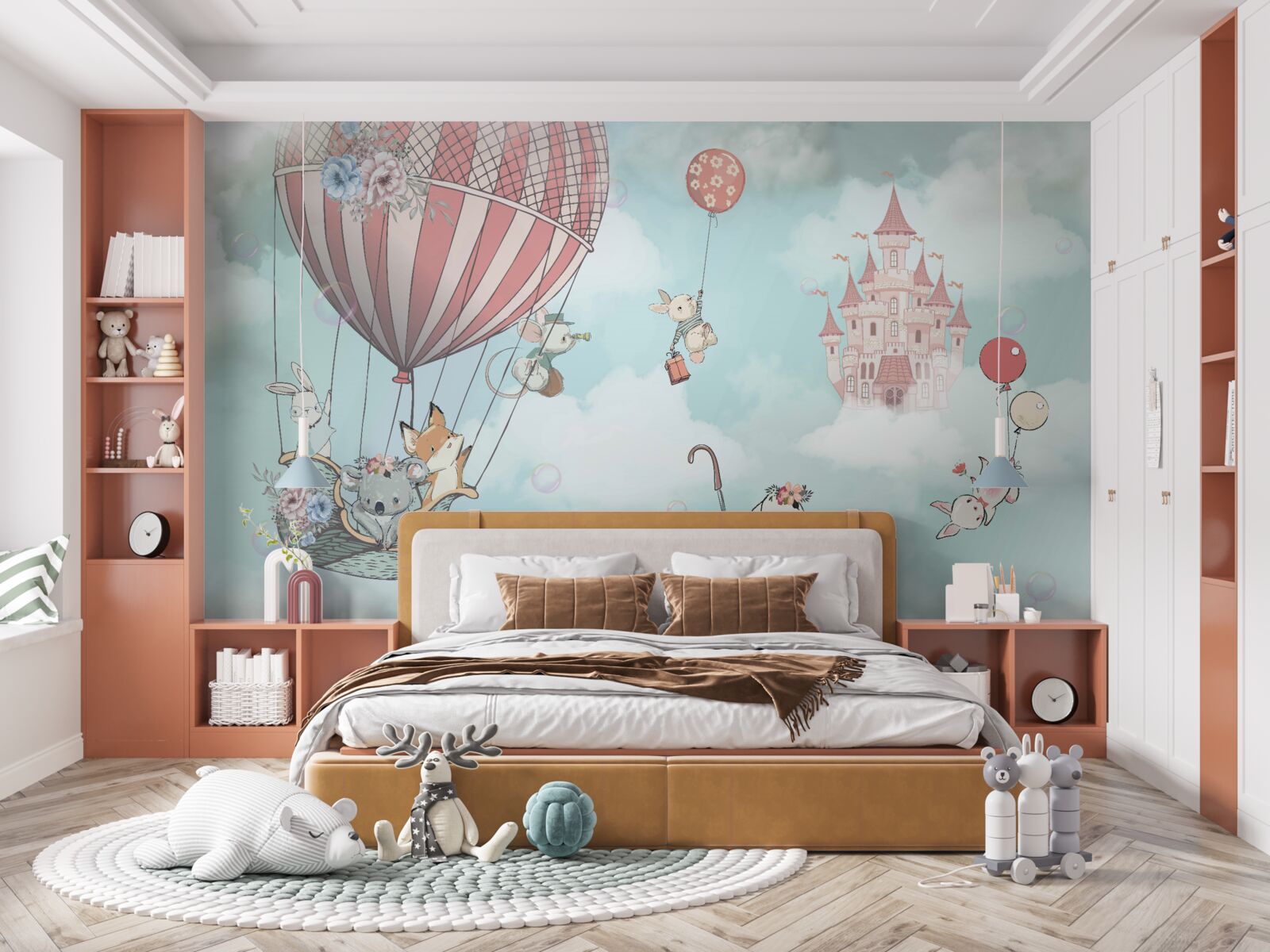 Фотошпалери на задньому плані замок, перед ним літають тварини