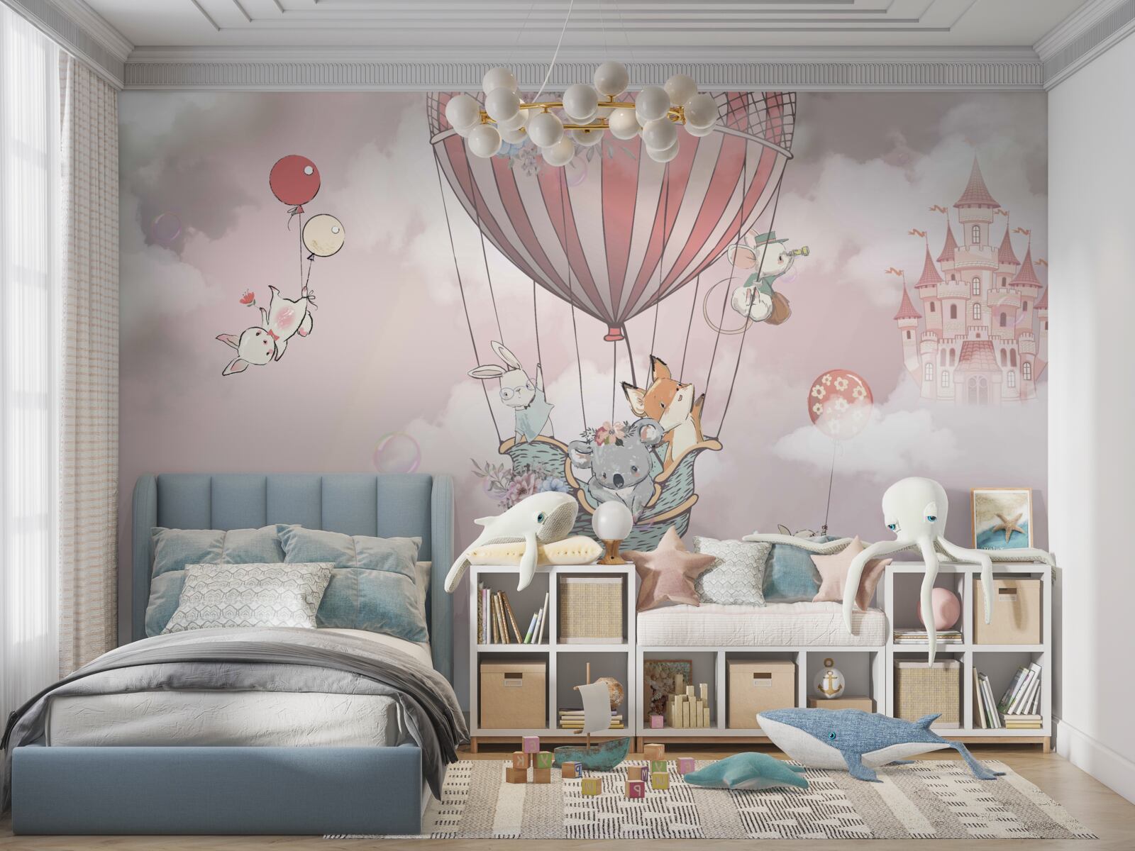 Фотошпалери казкові тварини, що ширяють на тлі замку