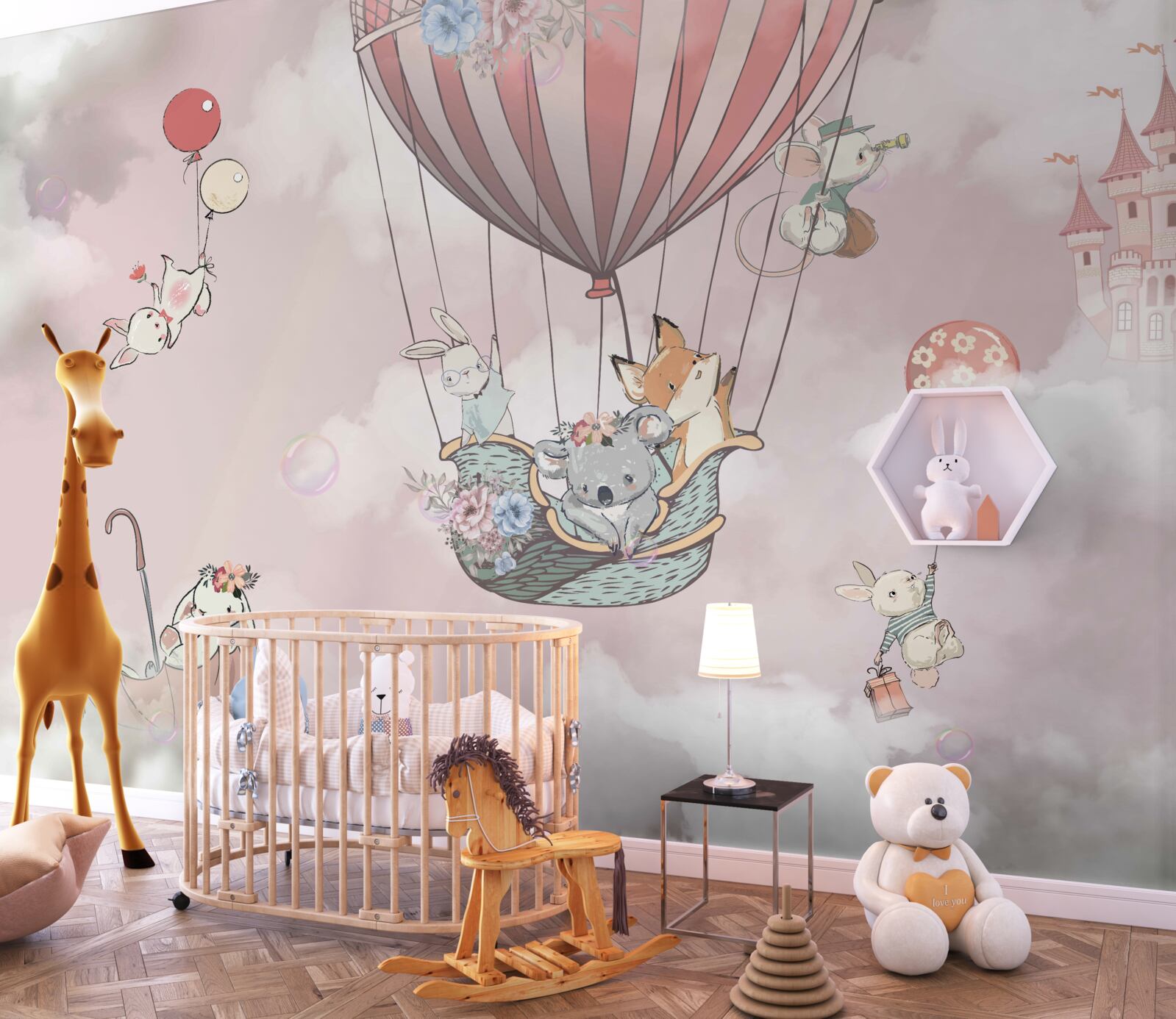 Фотошпалери казкові тварини, що ширяють на тлі замку