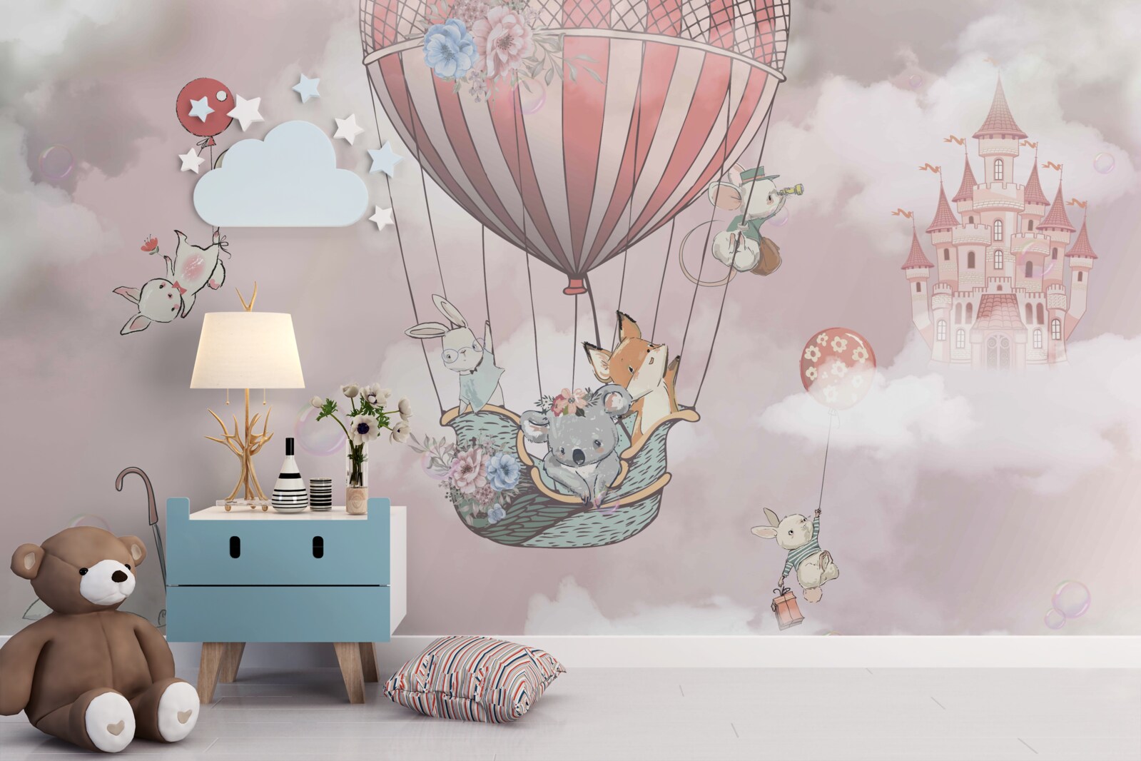 Фотошпалери казкові тварини, що ширяють на тлі замку