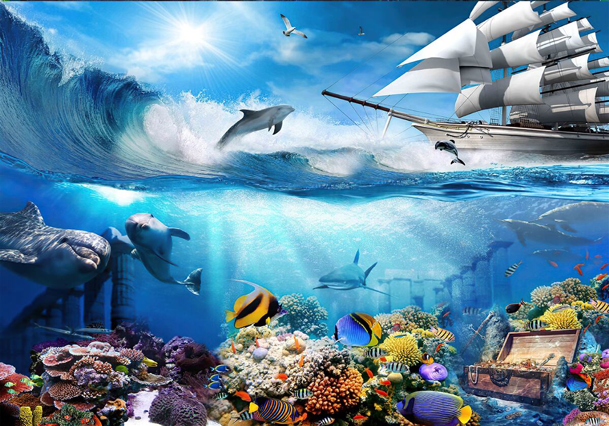 Фотошпалери корабель і водний всесвіт під ним