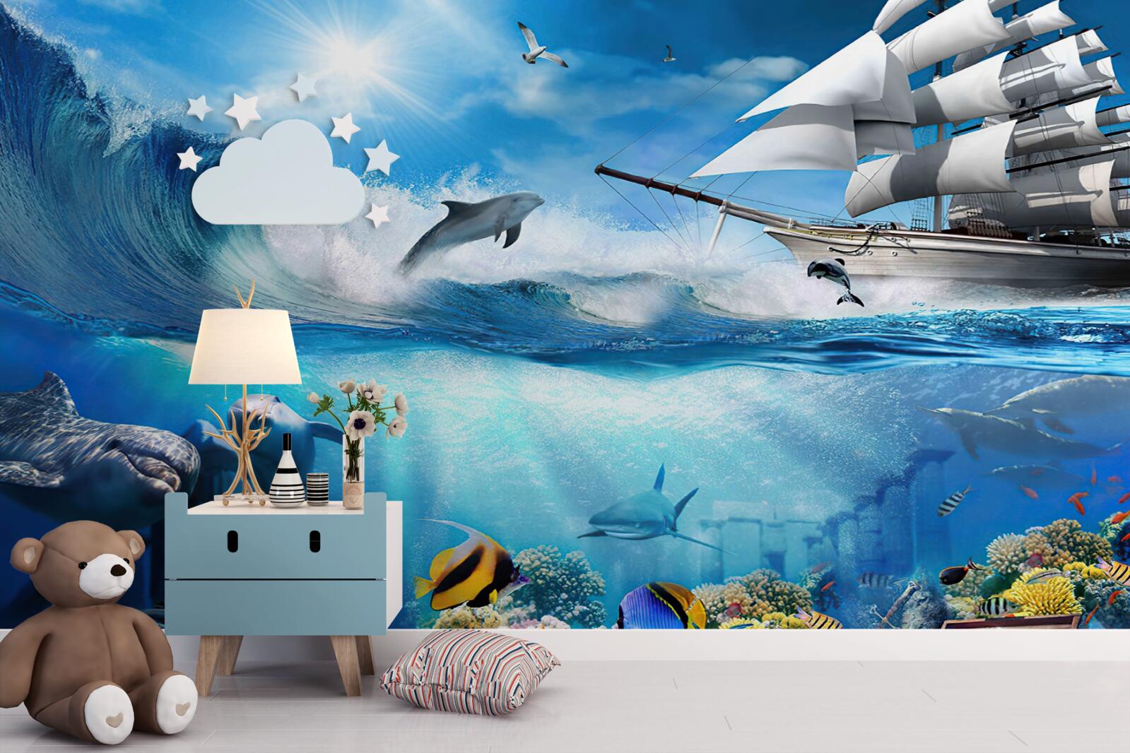 Фотошпалери корабель і водний всесвіт під ним